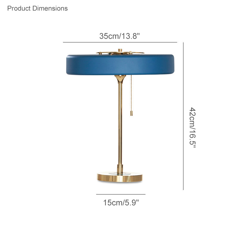 Blue mid century modern desk lamp dimension diagram showing a 35 cm shade, 42 cm height and 15 cm base.