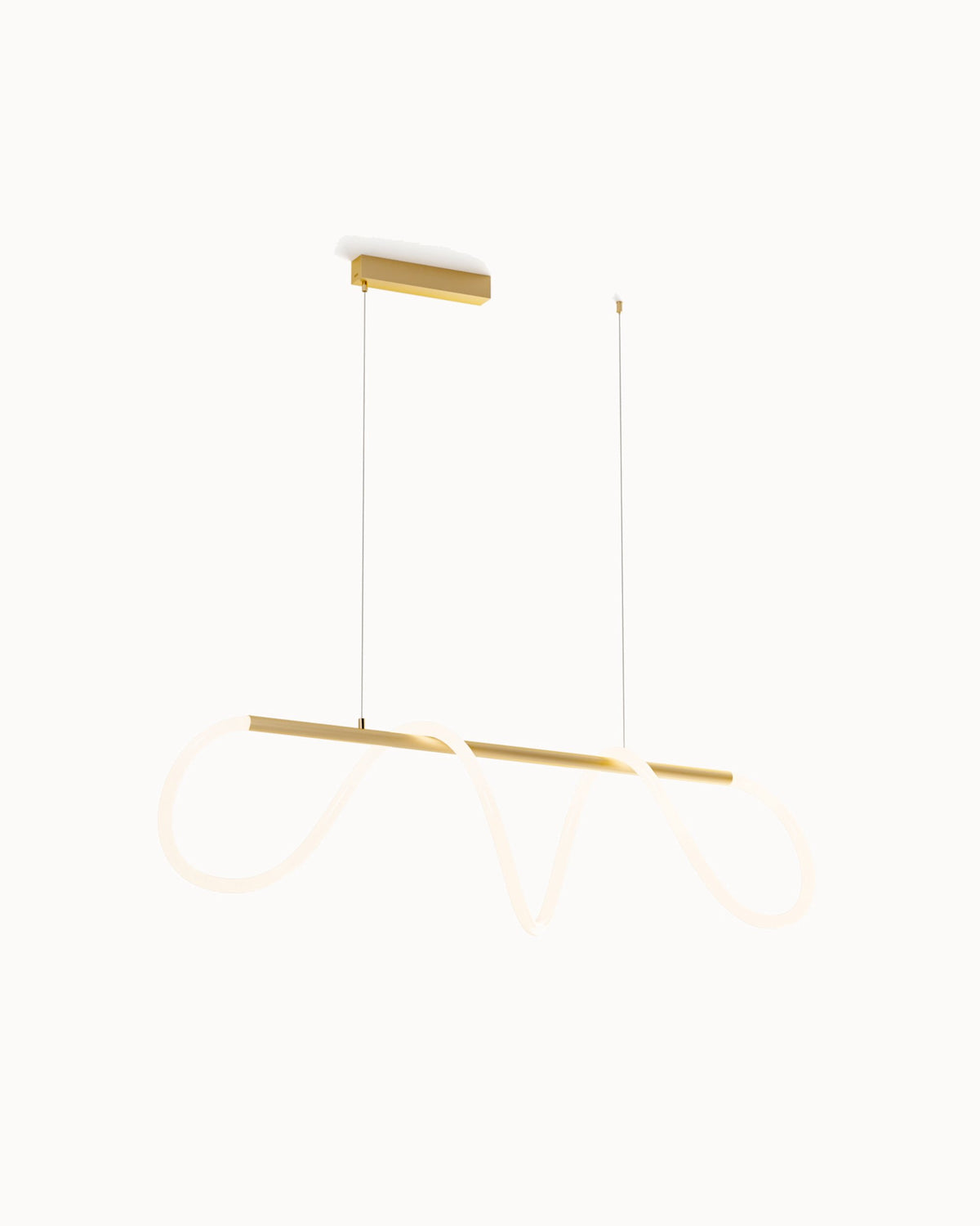 WOMO WM2059a polished-brass linear chandelier with an illuminated silicone rope looping around a slim horizontal bar on a white background.