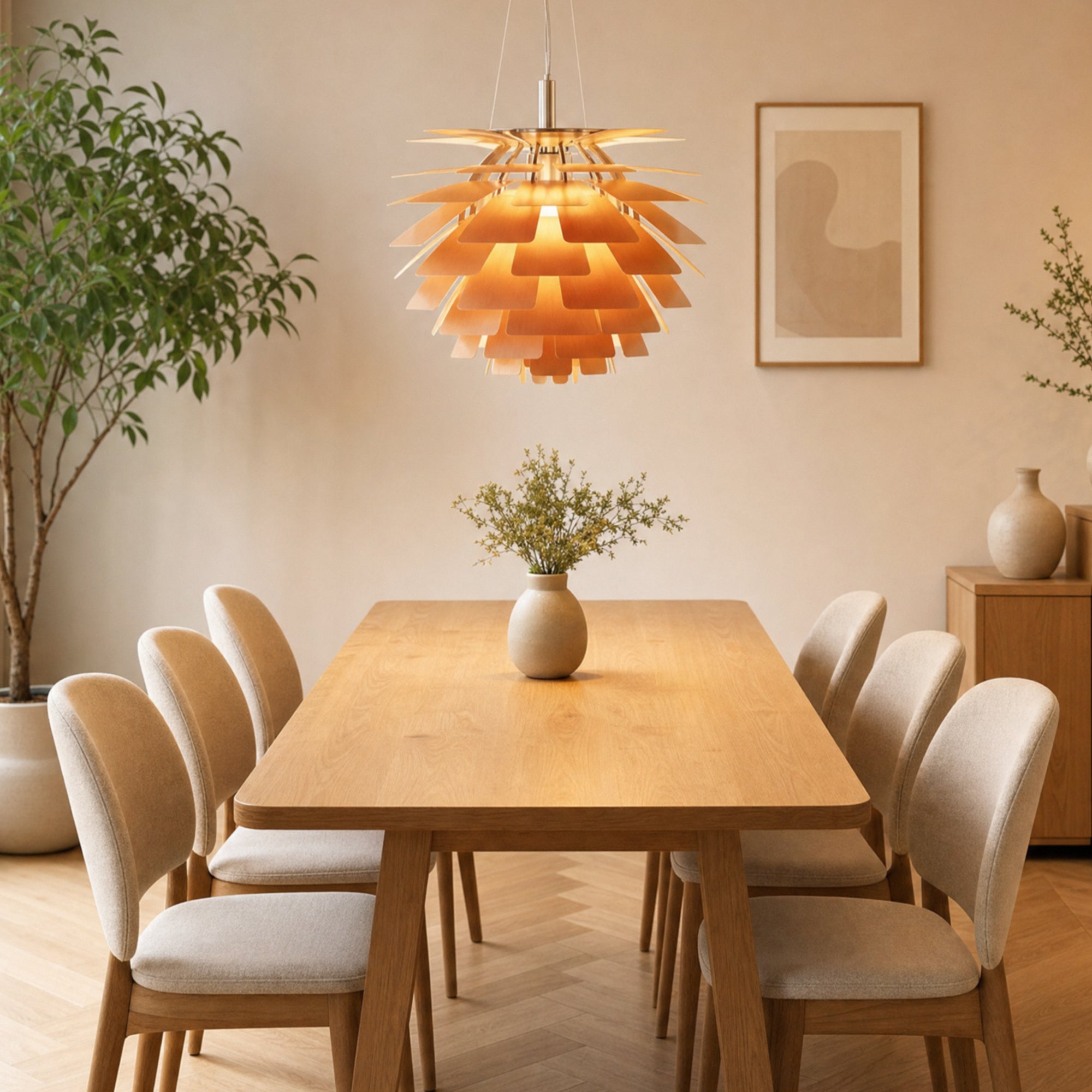 Pinecone chandelier above a wooden dining table, casting warm light in a relaxed dining room setting.