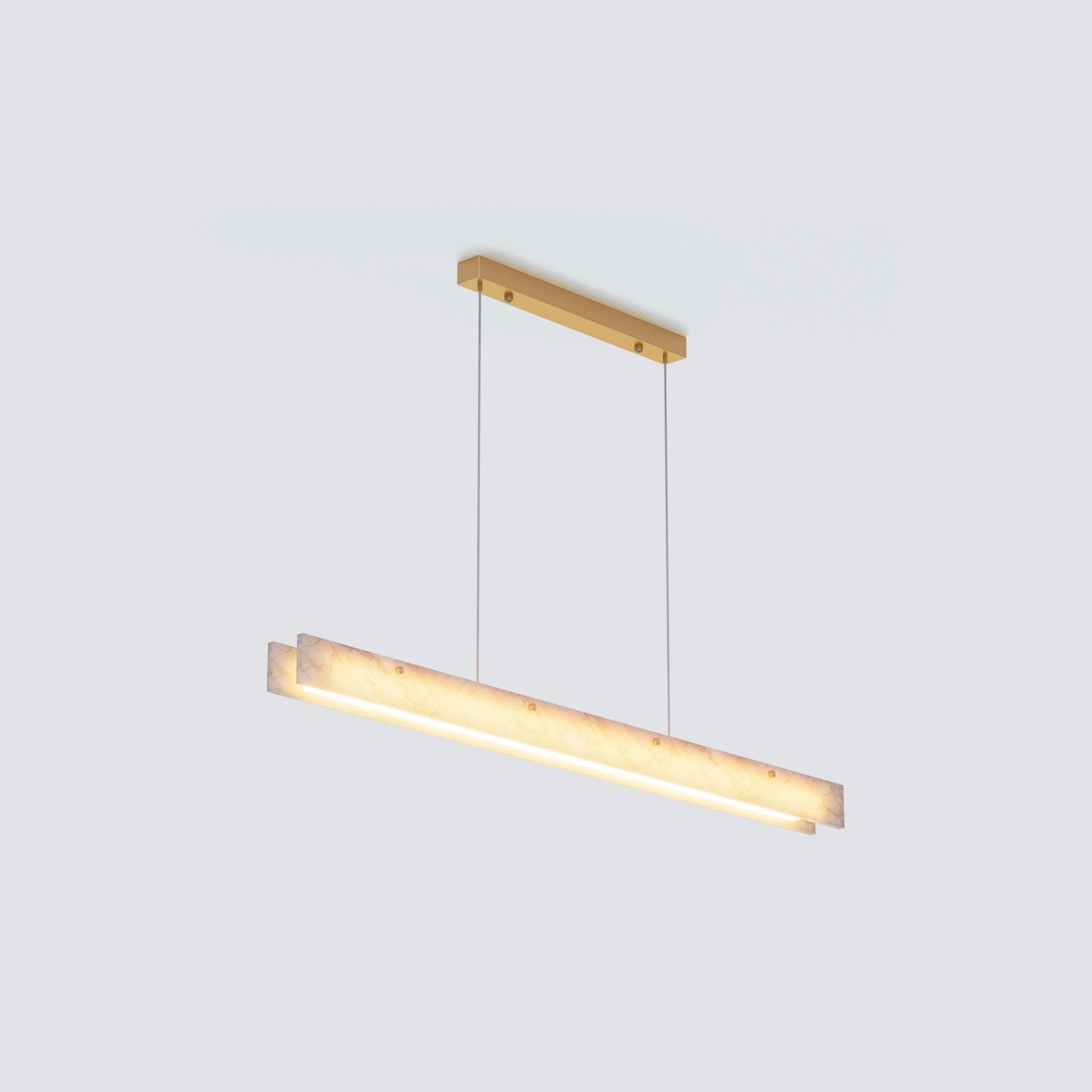 Three-quarter product view of the glowing minimalist chandelier with layered alabaster bars and a gold canopy.