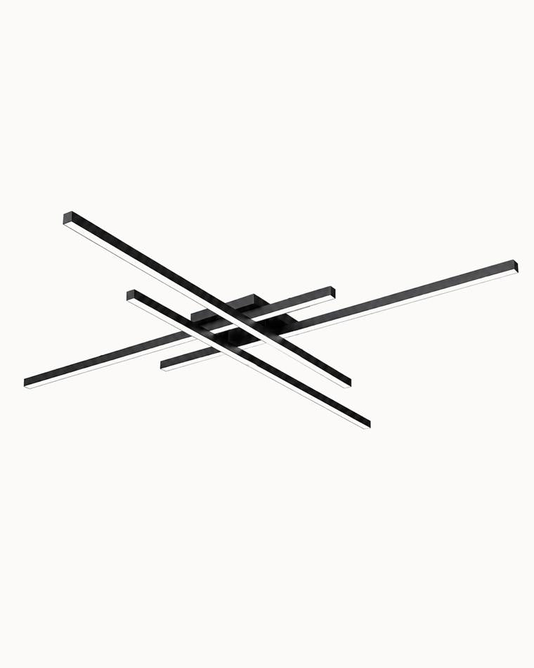 Black geometric LED flush mount ceiling light with intersecting linear bars on a white background.