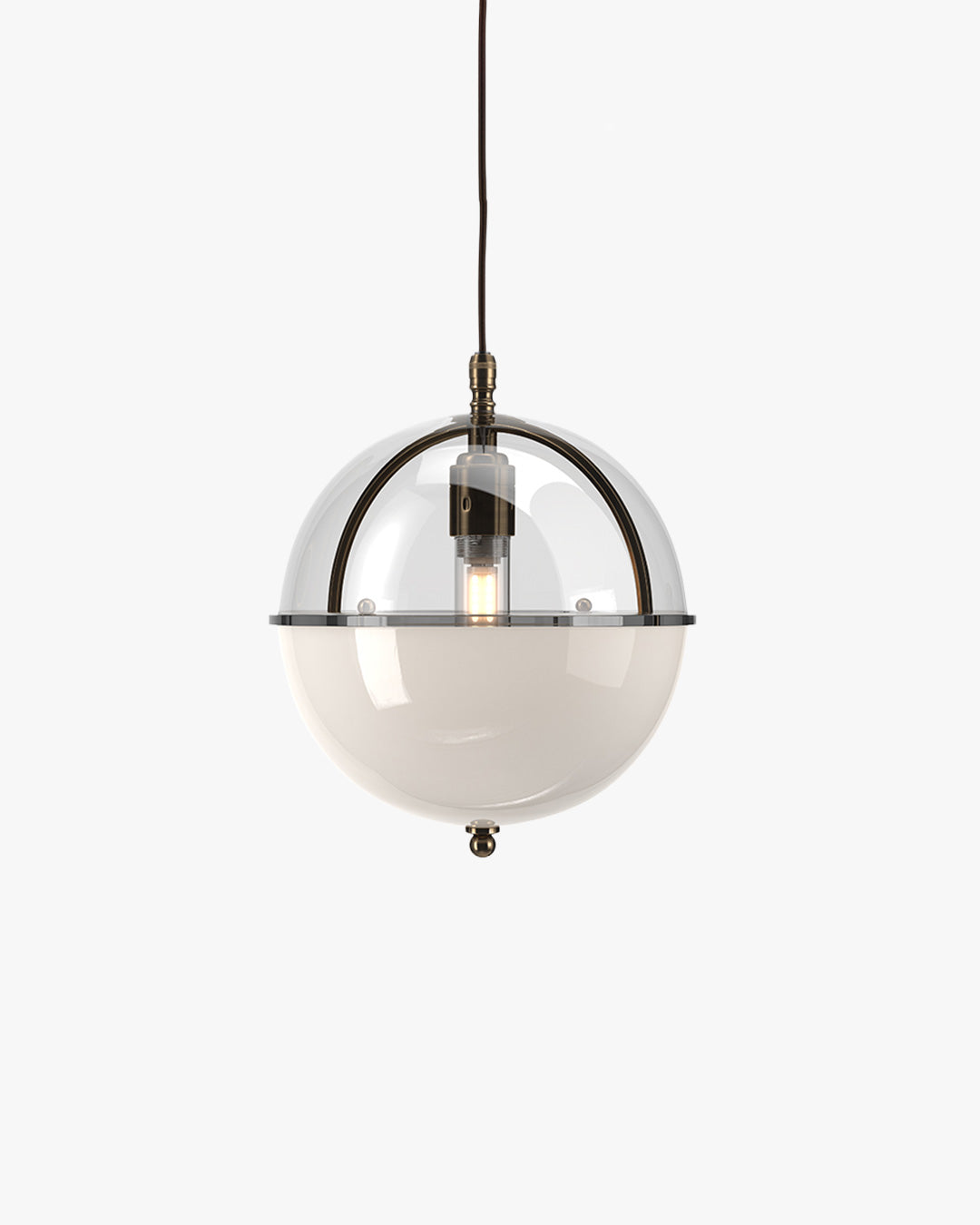 Clear-and-white glass globe pendant light with a warm bulb shown against a clean white background.