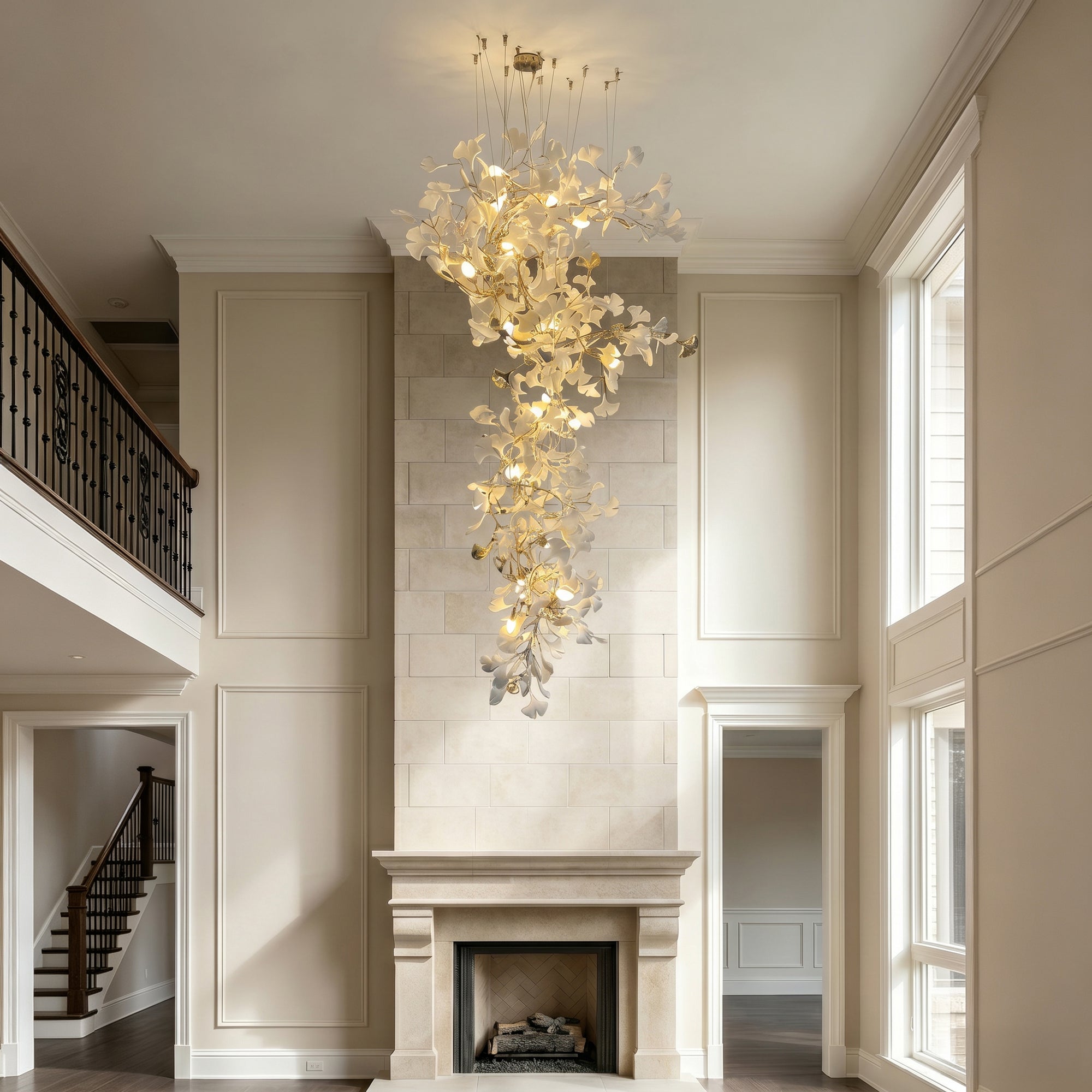 Large foyer chandelier with cascading white ceramic ginkgo leaves suspended above a fireplace in a double-height entry.