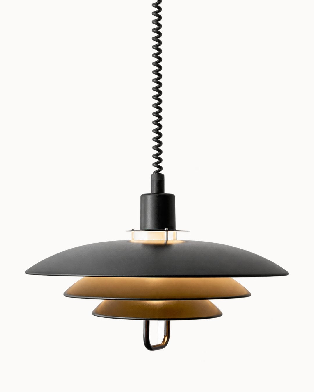 WM2663 black Danish rise-and-fall pendant light with layered saucer shades, warm-toned reflectors and a coiled retractable cable