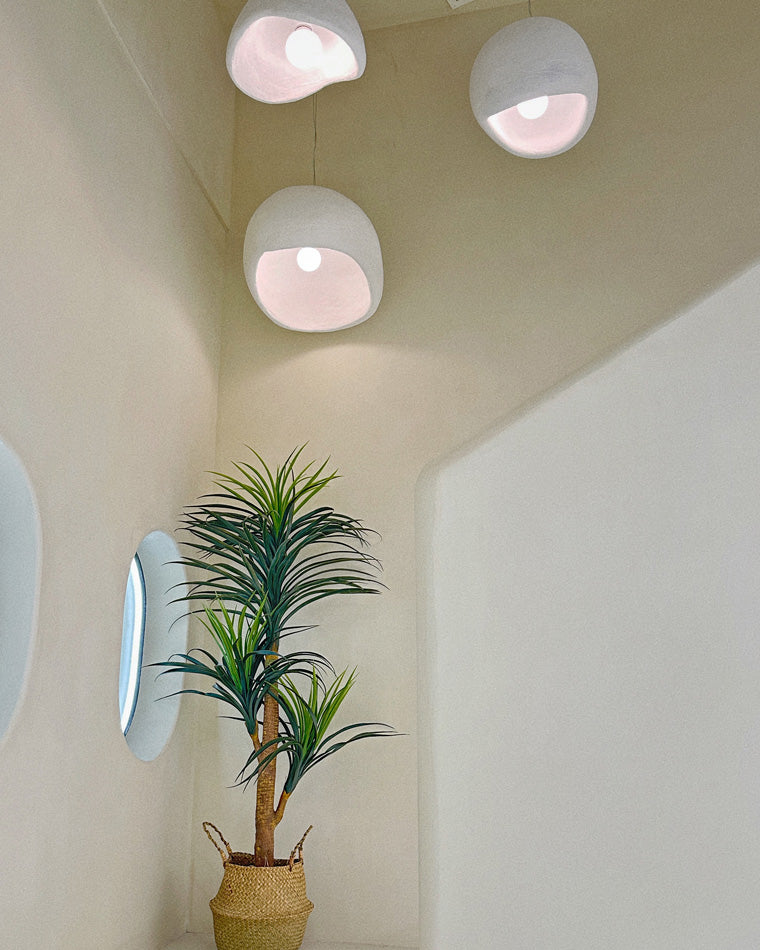 Ceiling-level view of three small white pendants suspended beside a tall indoor plant.
