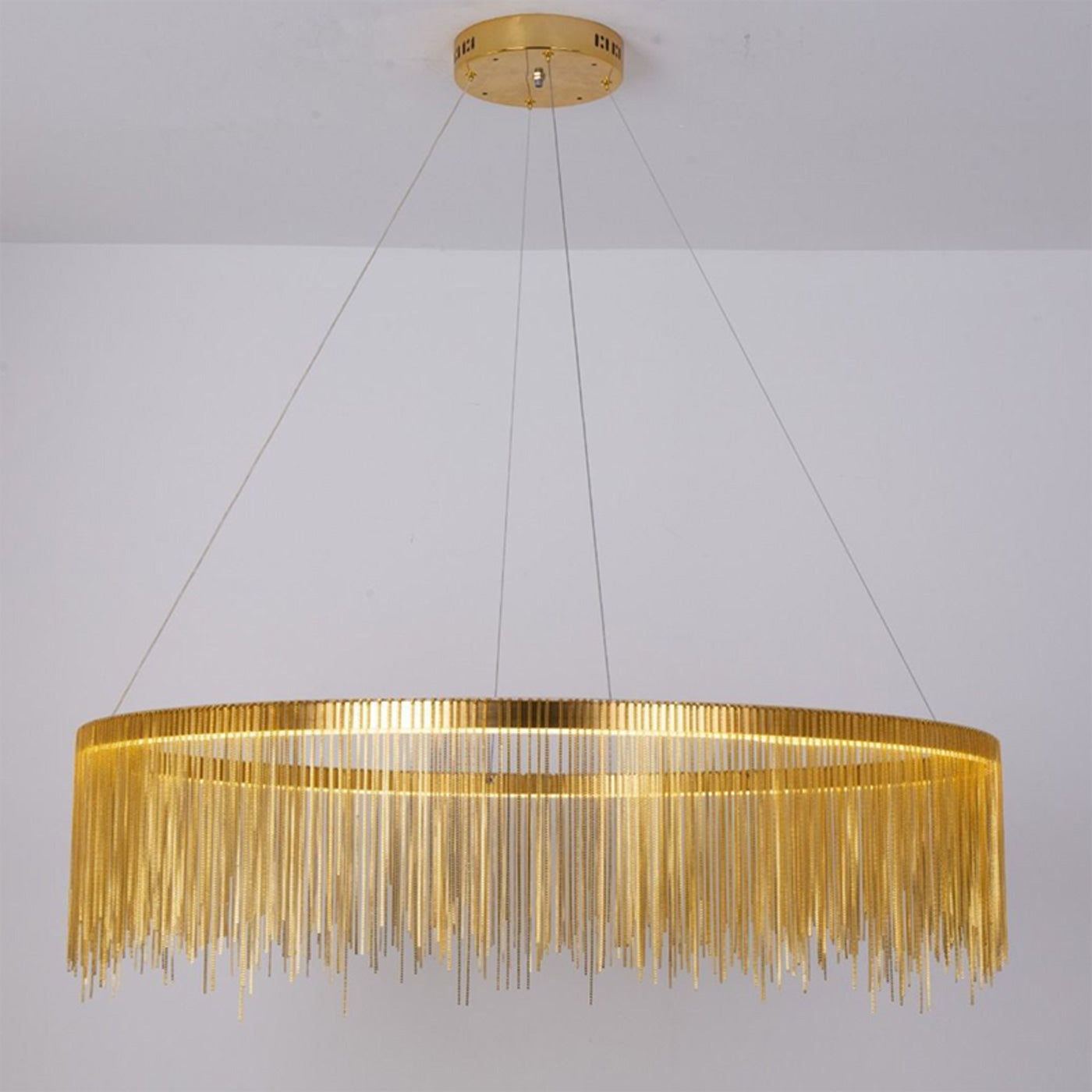 Full gold 39-inch chandelier on a white background, presenting the collection’s broadest ring as a dramatic focal point in interior design for generous rooms.
