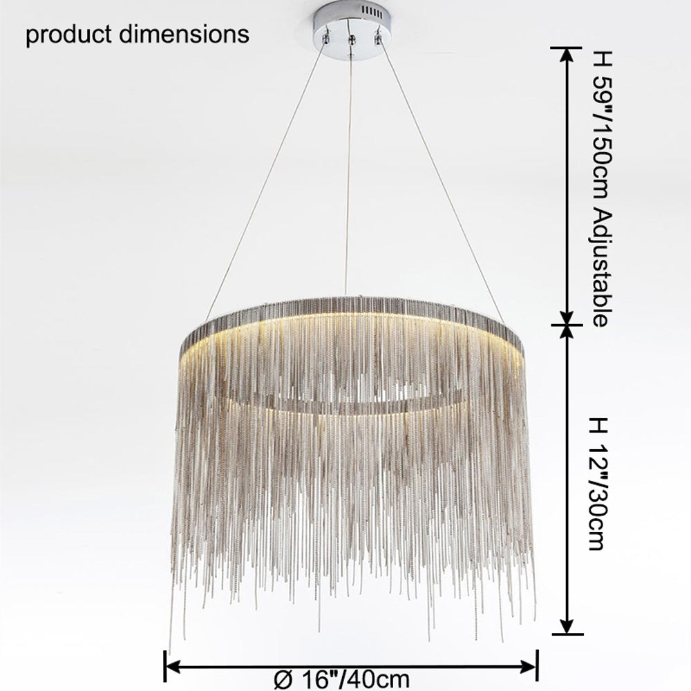 Silver 16-inch chandelier dimensions: 16″/40 cm diameter, 12″/30 cm fringe height and adjustable suspension up to 59″/150 cm—compact scale with full decorative impact.