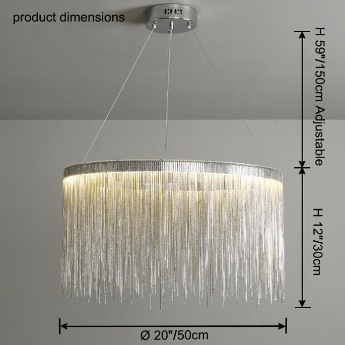 Silver 20-inch chandelier dimensions: 20″/50 cm diameter, 12″/30 cm fringe height and adjustable suspension up to 59″/150 cm for flexible ceiling placement.
