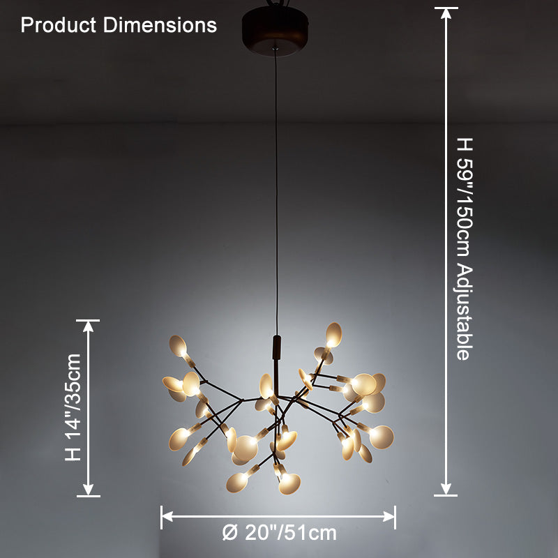 Black 30-light Firefly chandelier dimensions showing a space-conscious 20-inch diameter and adjustable 59-inch hanging height.
