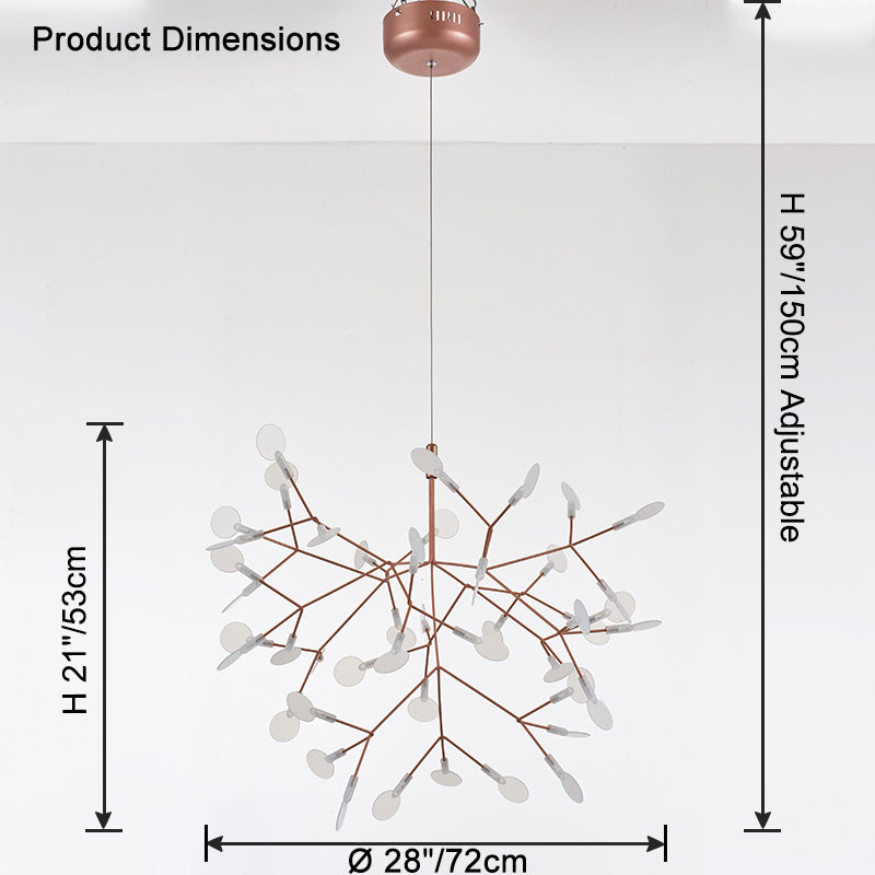 Rose-gold 45-light Firefly chandelier dimensions showing a 28-inch diameter, 21-inch body height, and adjustable 59-inch suspension.