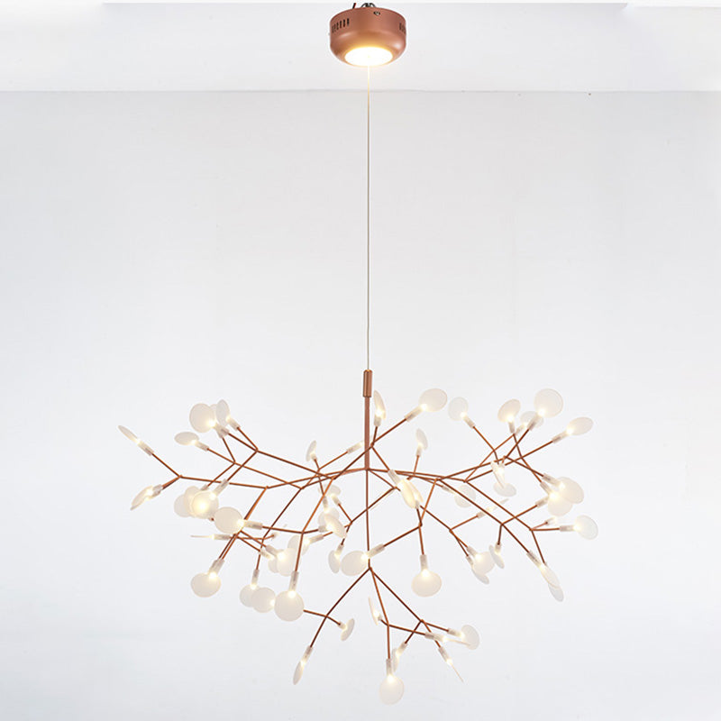 Rose-gold 63+1-light Firefly chandelier with an illuminated canopy, delivering the collection’s fullest silhouette and richest layered glow.