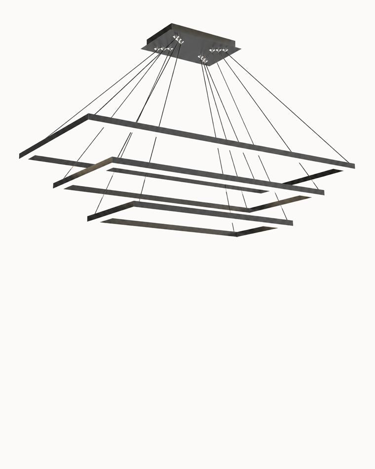 Unlit three-tier rectangular chandelier with three graduated black LED frames and suspension cables, shown on white to reveal its floating geometric structure.