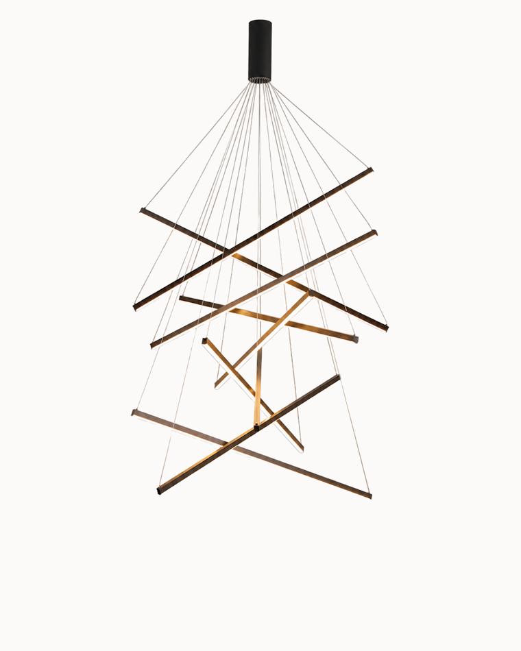 WM2125 black multi-stick LED chandelier with linear light bars suspended at staggered heights in an abstract geometric cluster