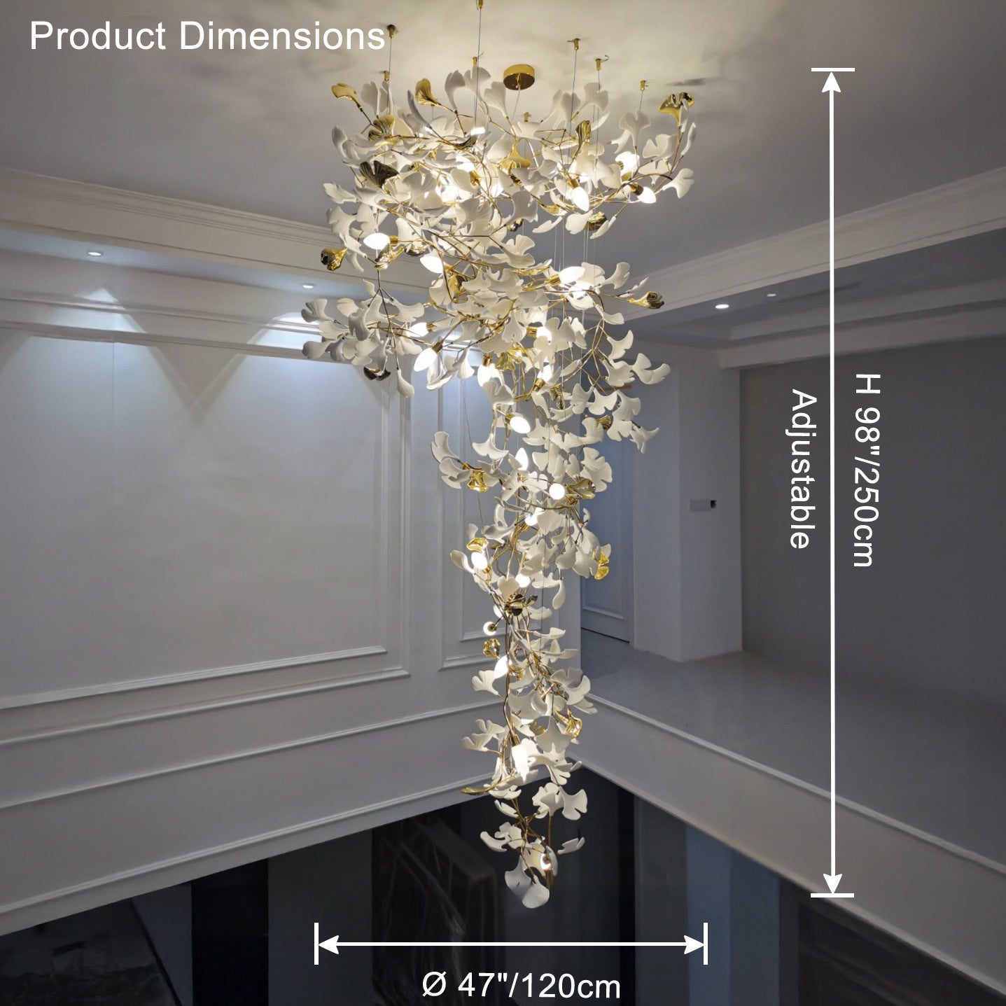 Staircase chandelier dimension diagram showing adjustable Ø47 in / 120 cm width and 98 in / 250 cm height.