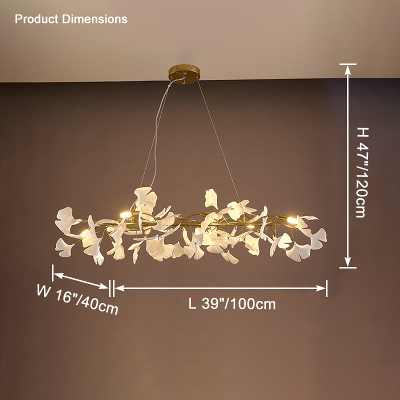 Illuminated gold 39-inch ginkgo chandelier with L39 by W16 by H47 inch dimensions.