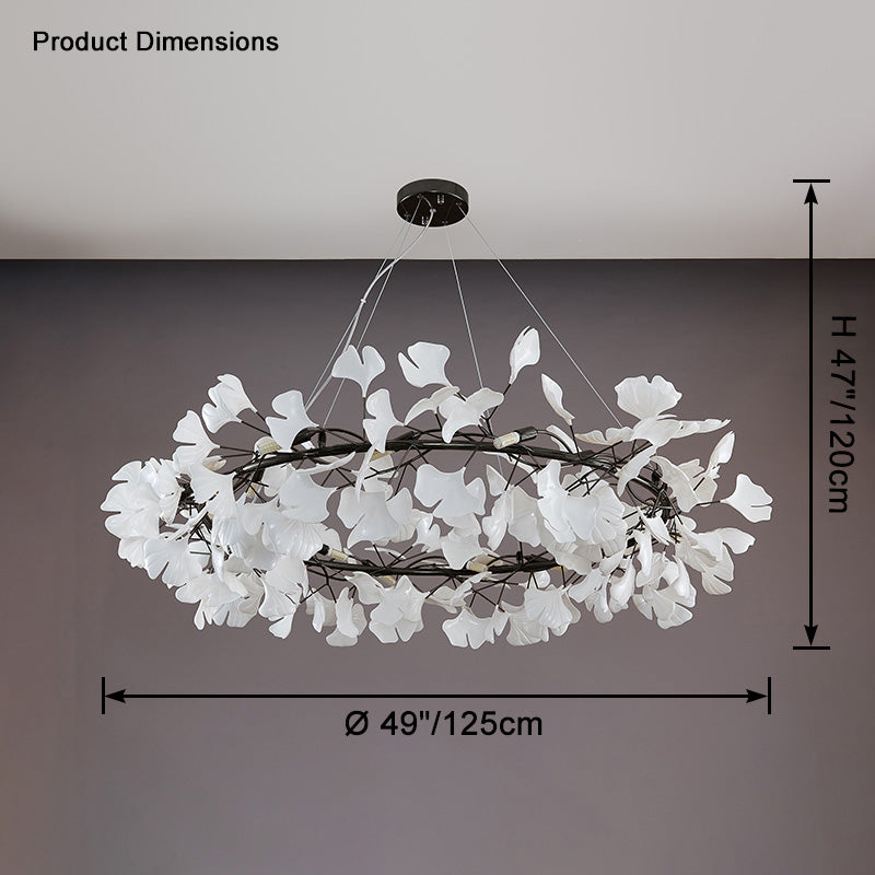 Dimension diagram for the black WM2414 chandelier showing a 49-inch diameter.