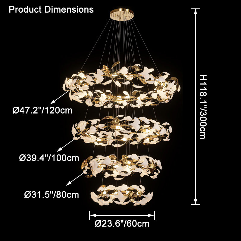Dimension diagram for the four-tier chandelier, up to 47.2 inches wide and 118.1 inches high.