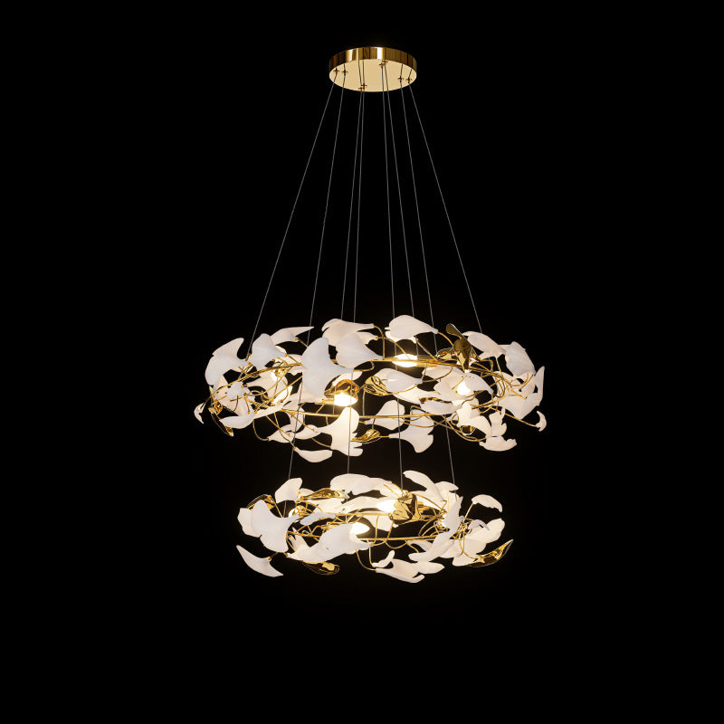 Two-tier circular ginkgo chandelier in the 23.6- and 31.5-inch configuration on a dark background.