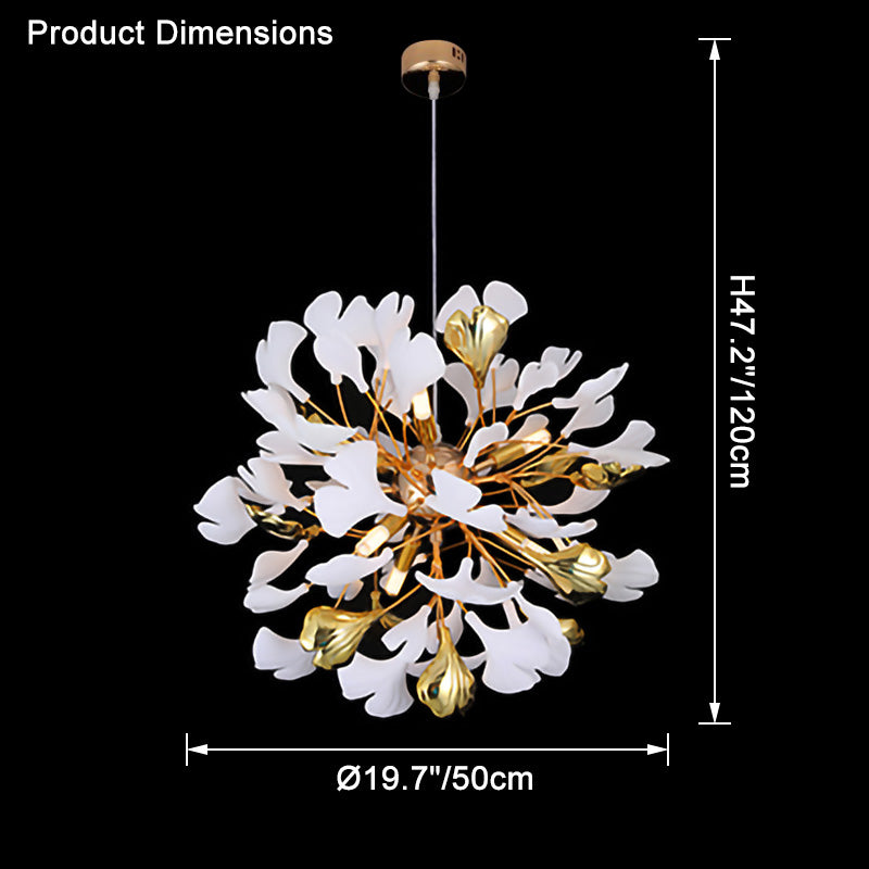 Dimension chart for the Ø50cm white-and-gold ginkgo leaf chandelier, showing diameter 19.7" (50cm) and height 47.2" (120cm).