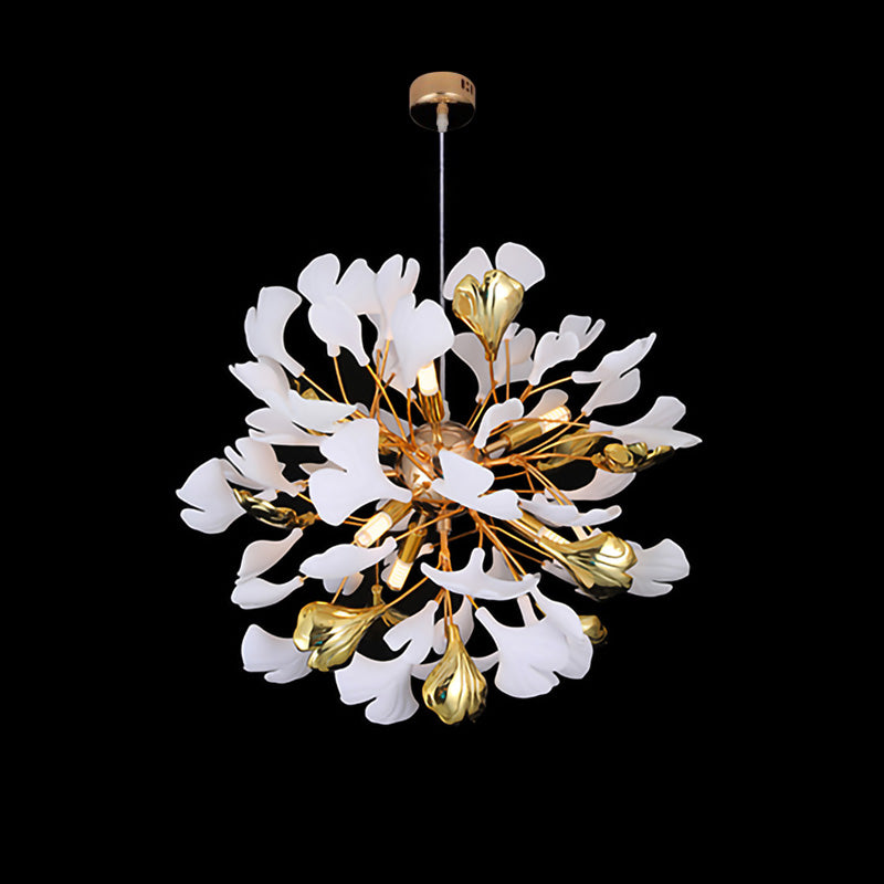 Front view of the Ø60cm white and gold ginkgo leaf chandelier model hanging on a cable.