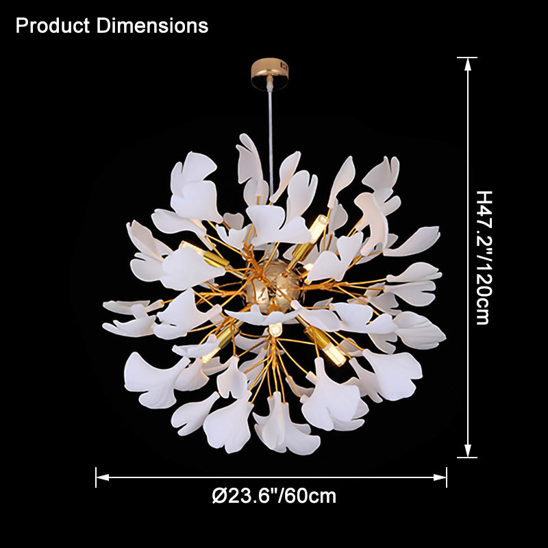 Dimension chart for the Ø60cm all-white ginkgo leaf chandelier, showing diameter 23.6" (60cm) and height 47.2" (120cm).