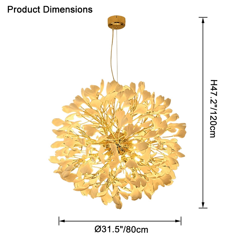Dimension chart for the Ø80cm all-white ginkgo leaf chandelier, with width 31.5" (80cm) and height 47.2" (120cm).