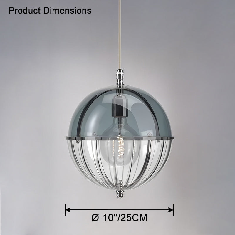 Blue glass globe pendant dimension view showing the 10-inch/25 cm globe diameter.