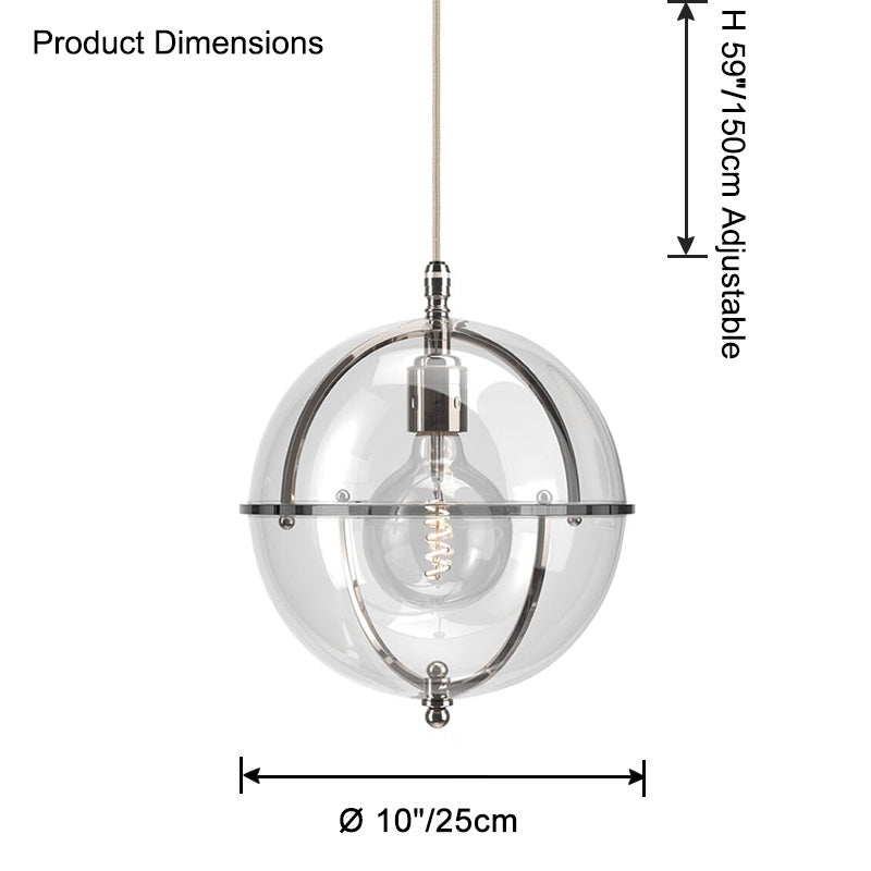 Clear glass globe pendant light dimension diagram showing a 10-inch/25 cm globe, an open metal ring frame, and an adjustable 59-inch/150 cm suspension cord.