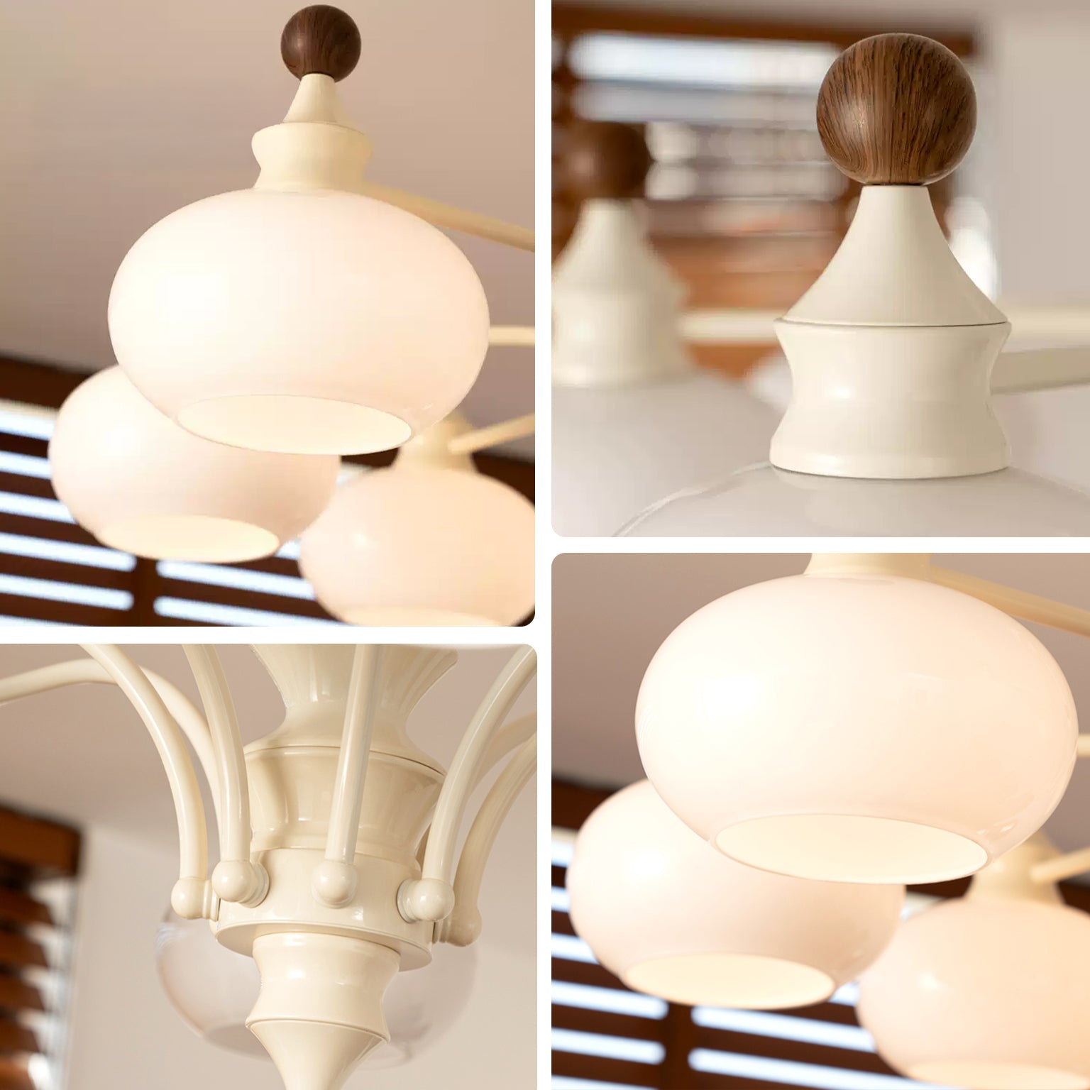 Close-up of the chandelier’s layered glass globes, curved arms, and central stem details