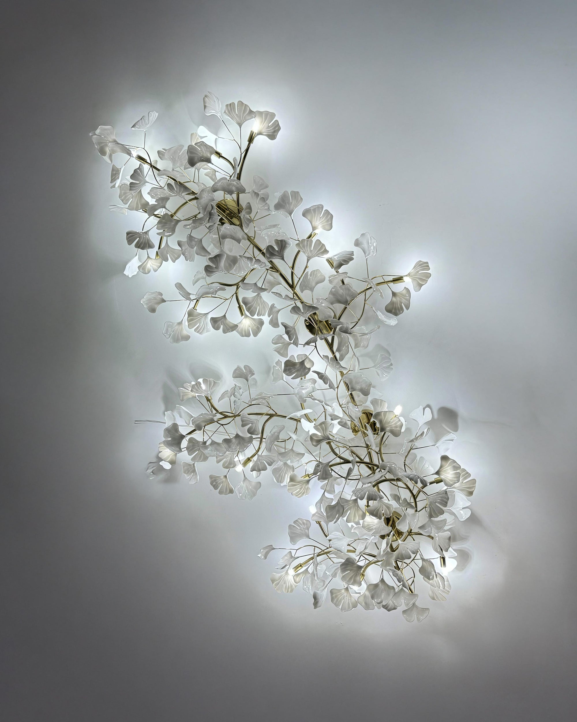 Full 79-inch ceramic ginkgo flush mount ceiling light with three branching leaf clusters across a plain ceiling.