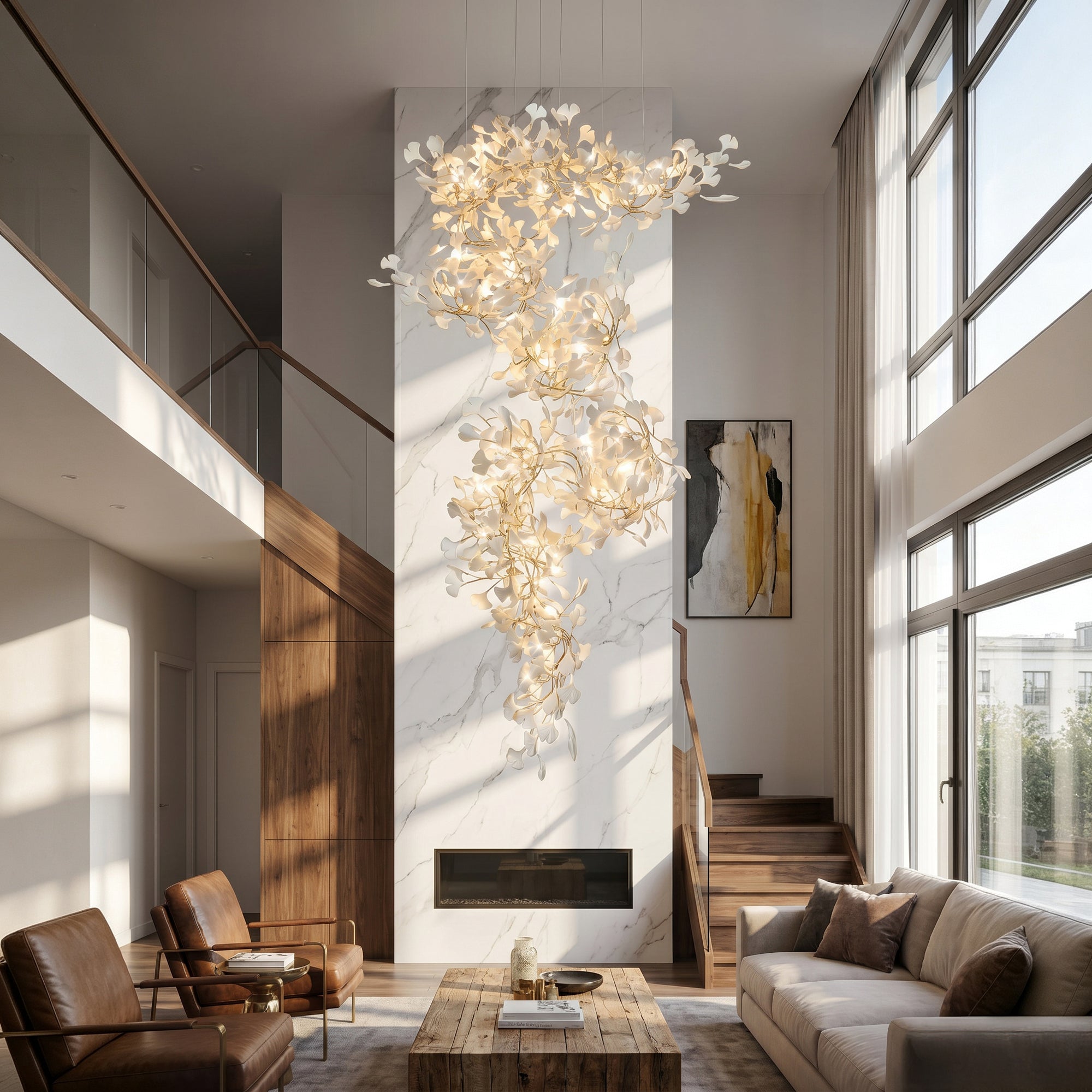 Entryway chandelier cascading beside a marble fireplace wall in a sunlit double-height living space.