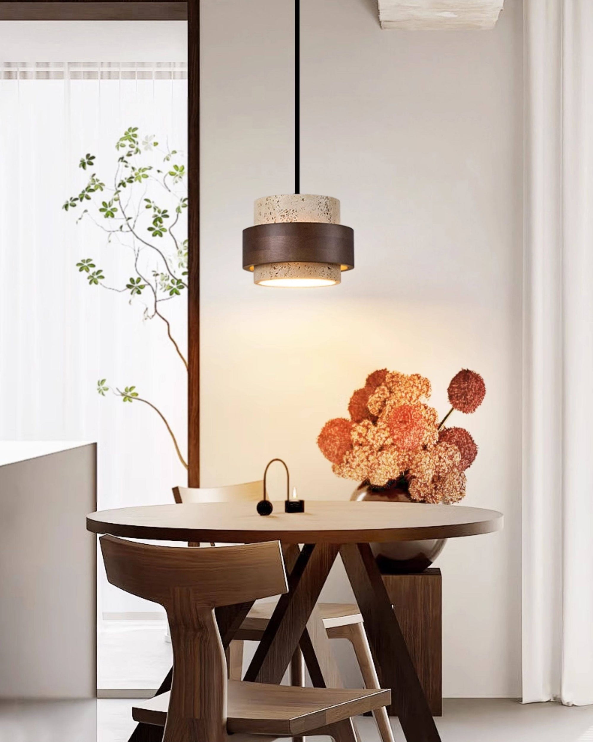 WOMO Travertine Wood Drum Pendant Light - WM3108