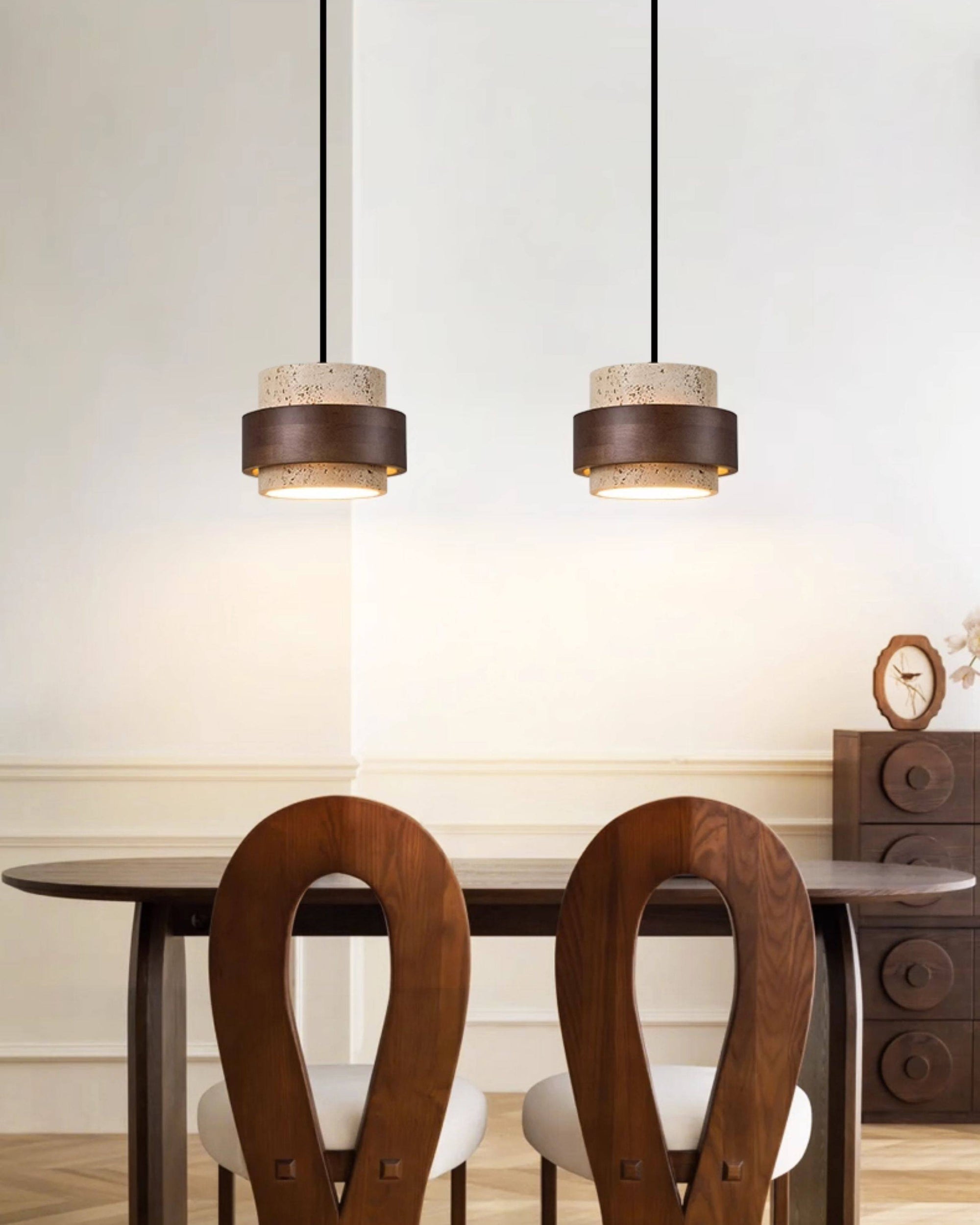WOMO Travertine Wood Drum Pendant Light - WM3108