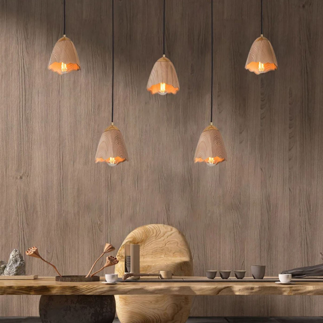 WOMO Bell‑Shade Multi‑Light Wood Pendant Light-WM3286