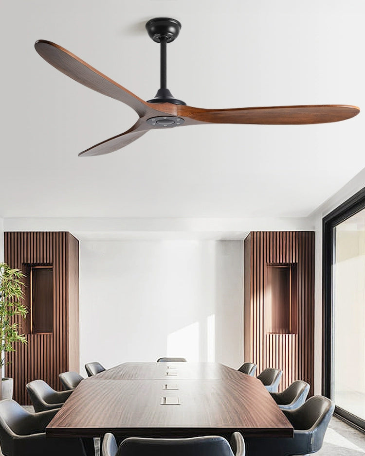 A dark modern wood ceiling fan anchors the bright conference room, pairing curved wood blades with a clean black mount.