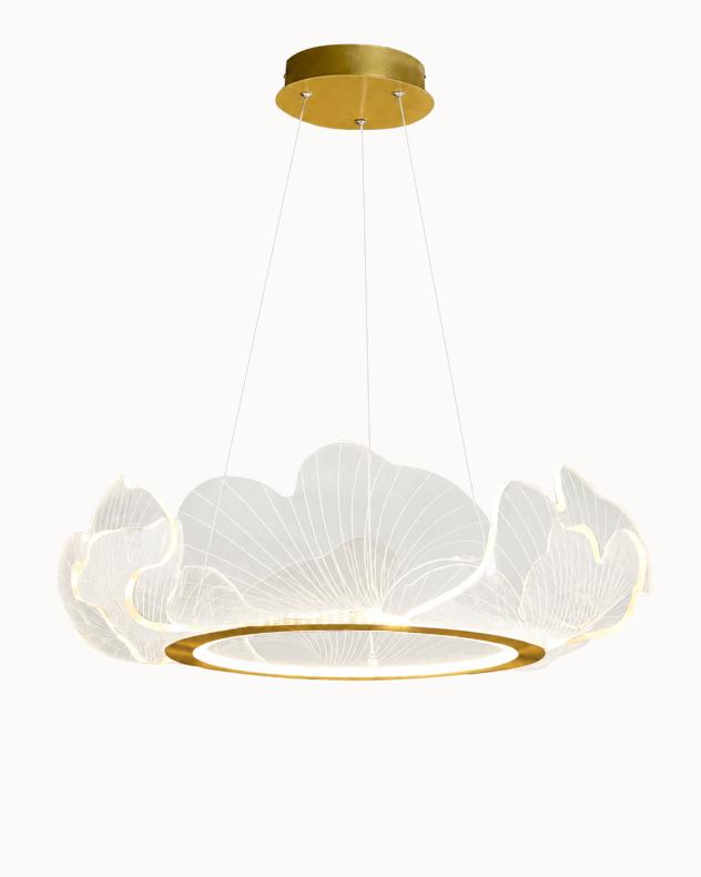 Round acrylic ginkgo leaf chandelier with a gold ring and integrated LED light