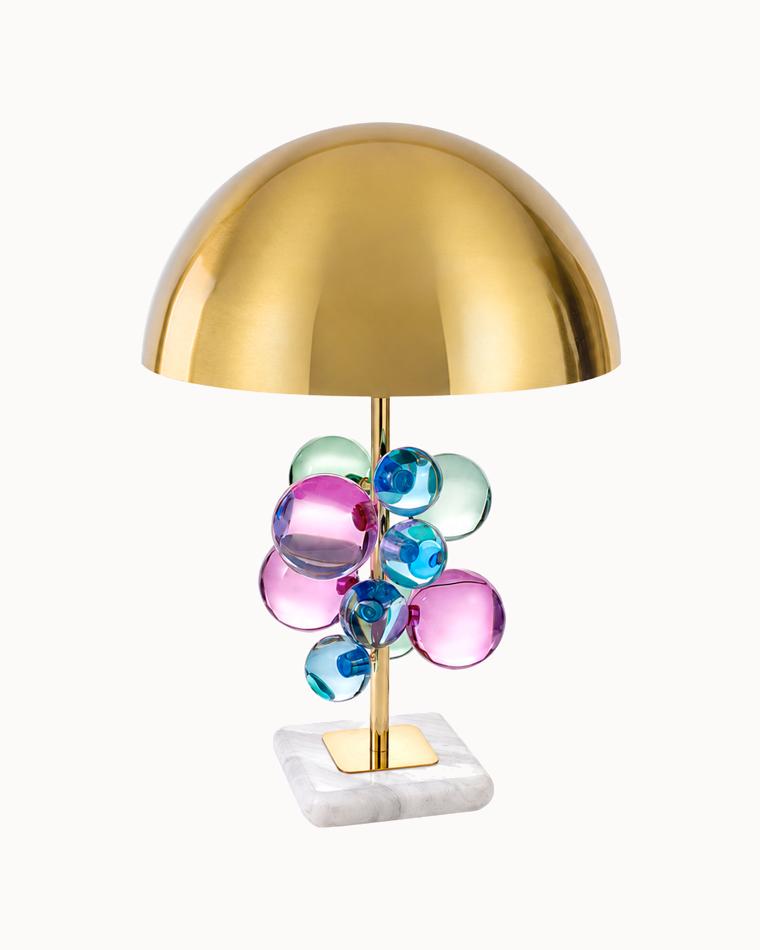 WOMO WM8008 mushroom table lamp with a brass dome, pink, blue and green acrylic orbs, and a square white marble base on a white background.