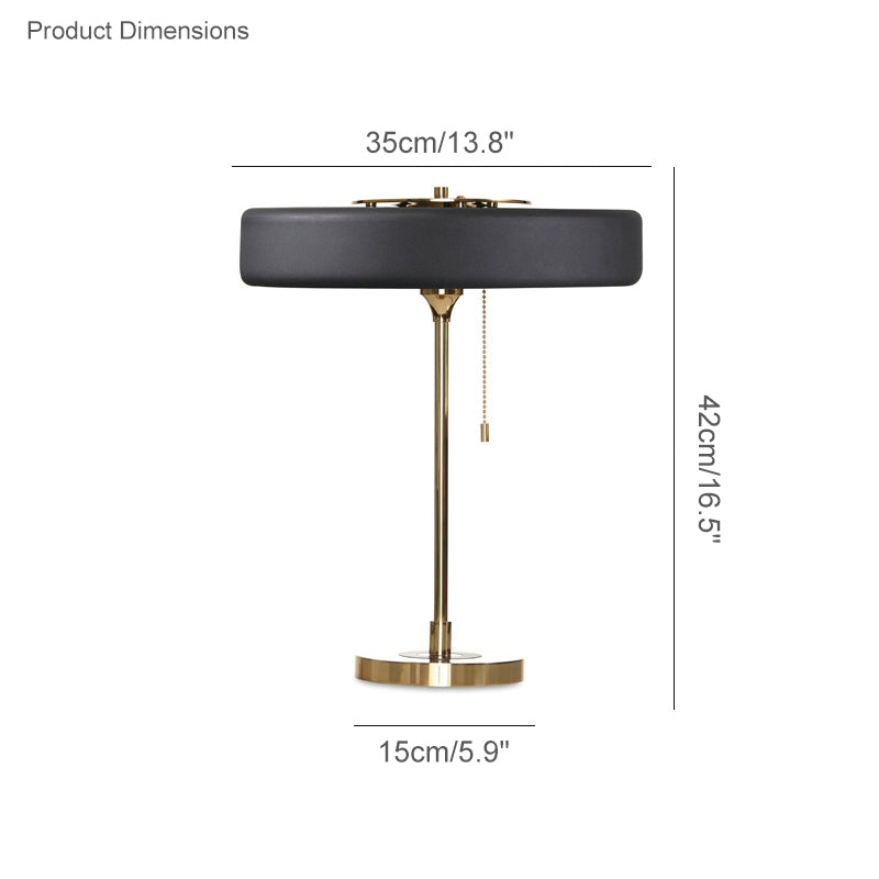 Black mid century table lamp dimension diagram showing a 35 cm round shade, 42 cm height and 15 cm circular base.