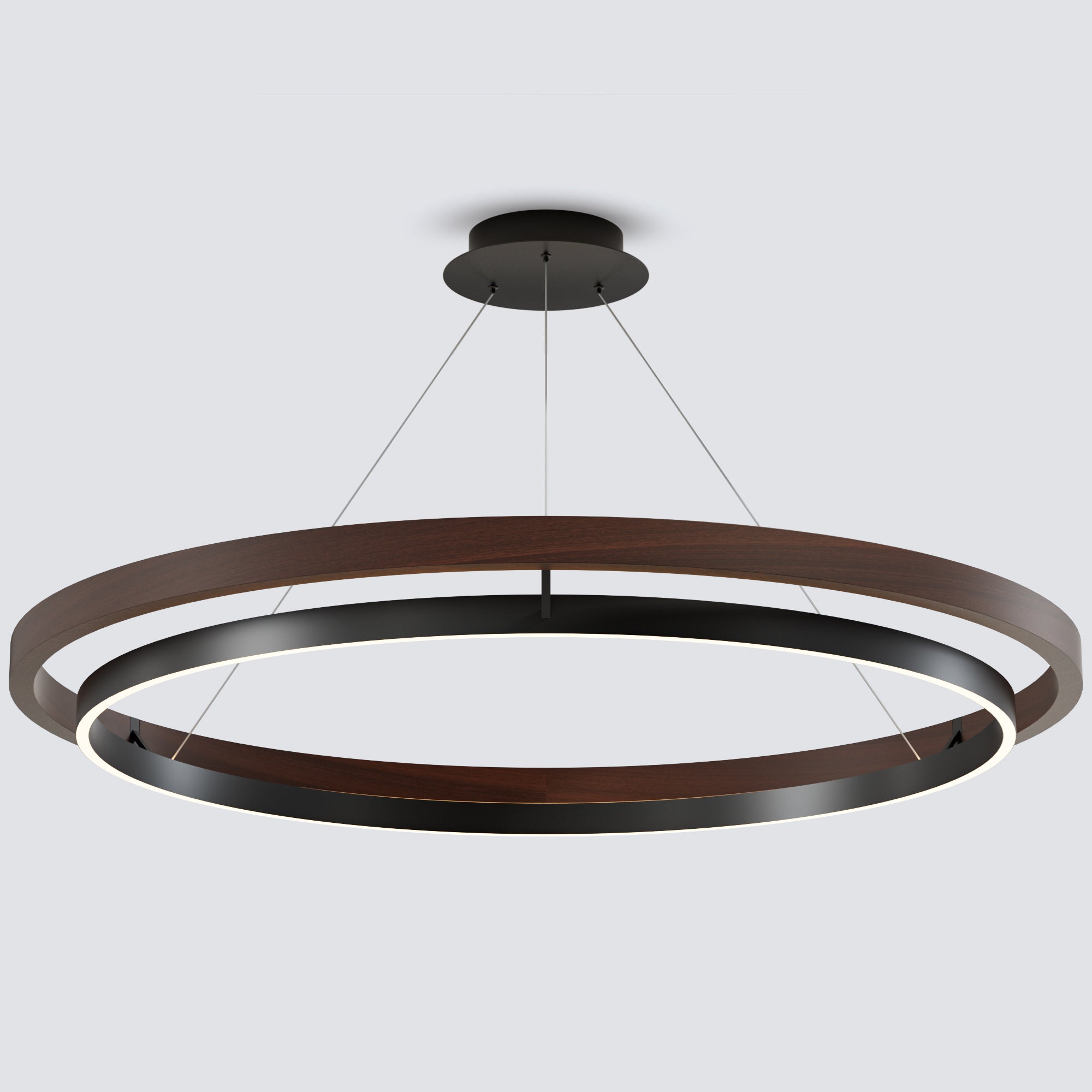 A walnut modern farmhouse chandelier with two circular tiers, integrated LED strips, and a refined dark wood finish for warm contemporary rooms.