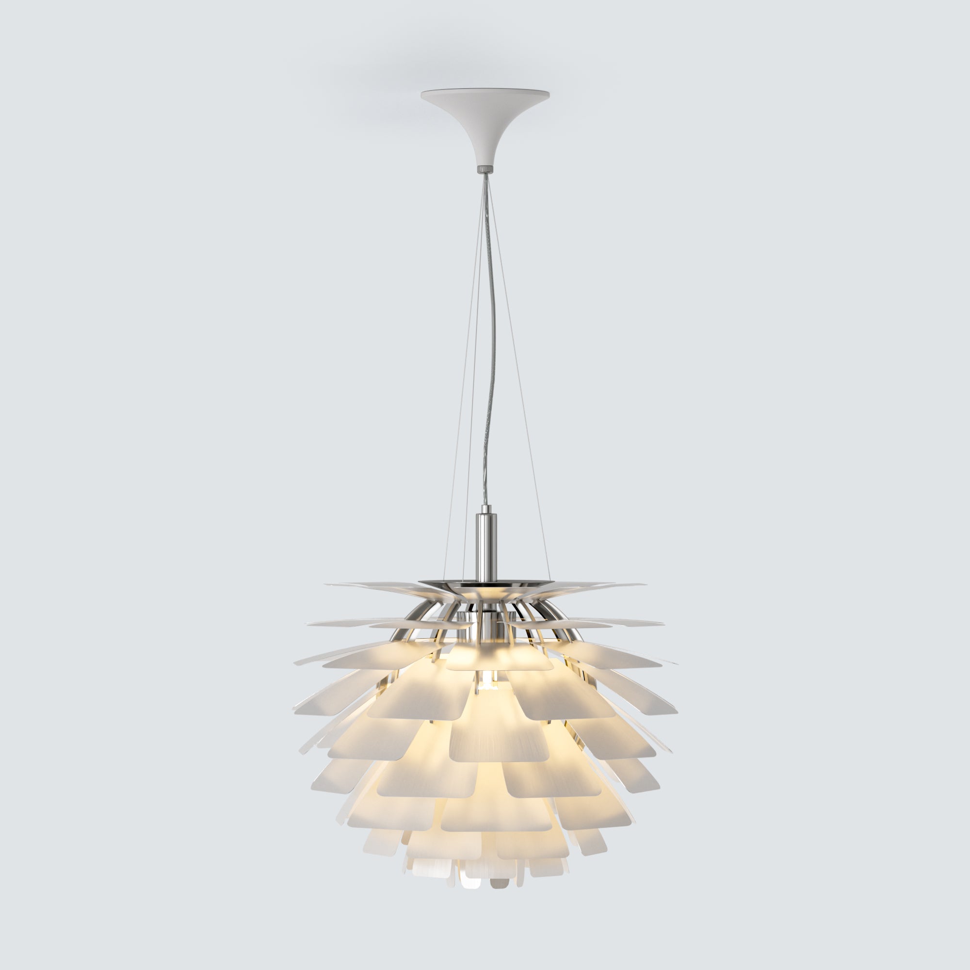 White pinecone pendant light with layered metal shades, softly lit and suspended from a white ceiling canopy.