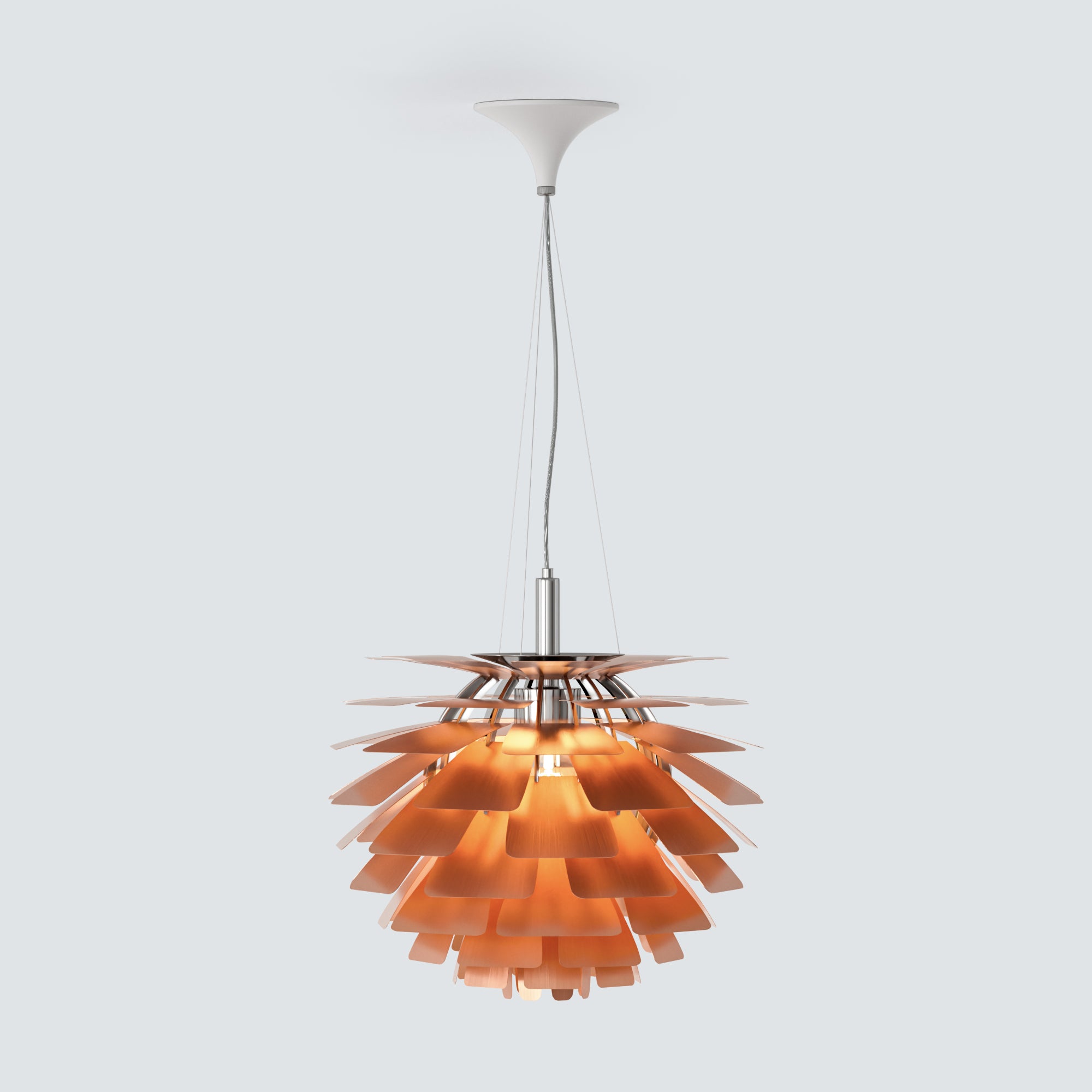 Copper pinecone pendant light with layered metal shades and a warm glow, shown on a clean product background.
