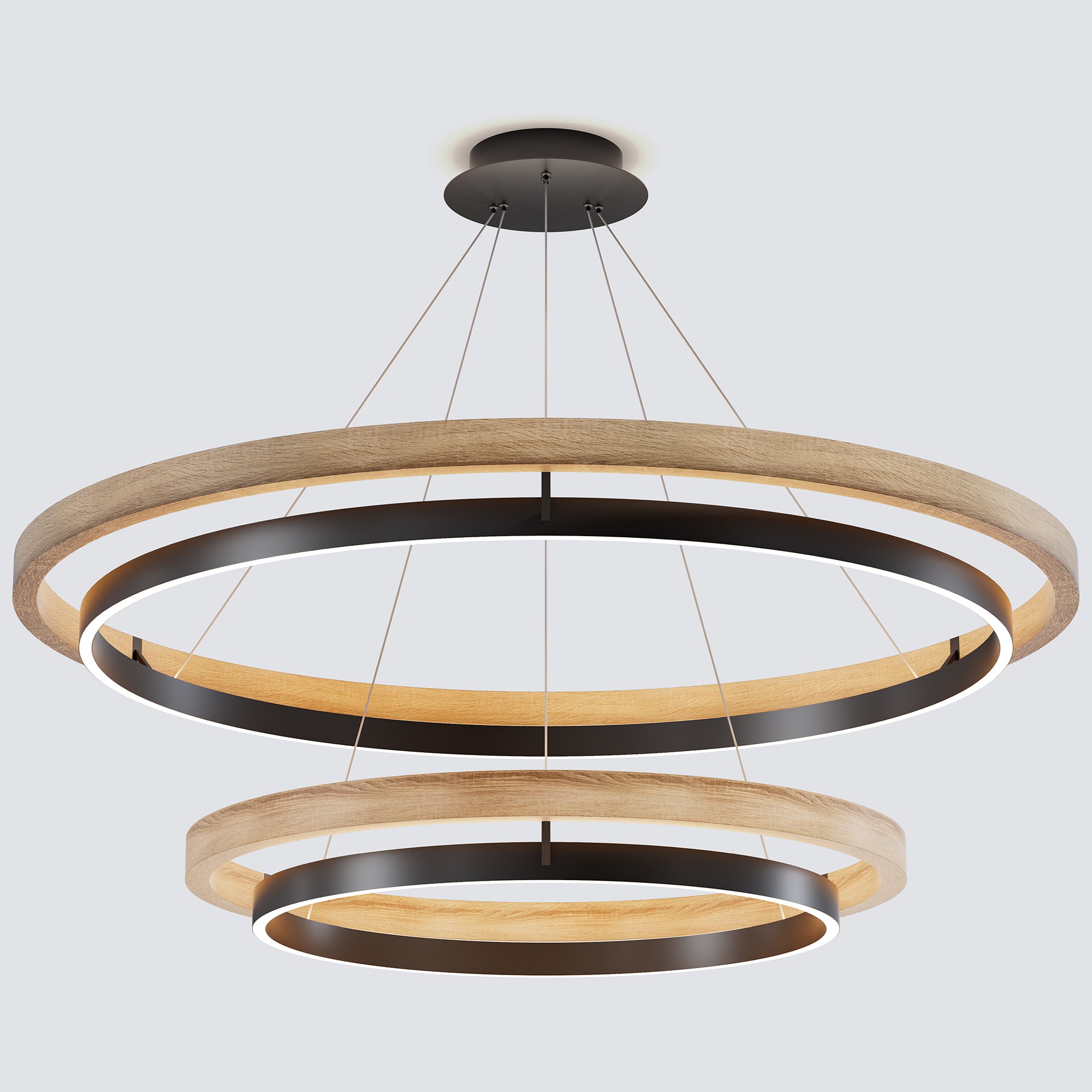 An oversized two-tier wood chandelier with weathered wood rings and integrated LED lighting, designed to create a strong focal point in a large interior.