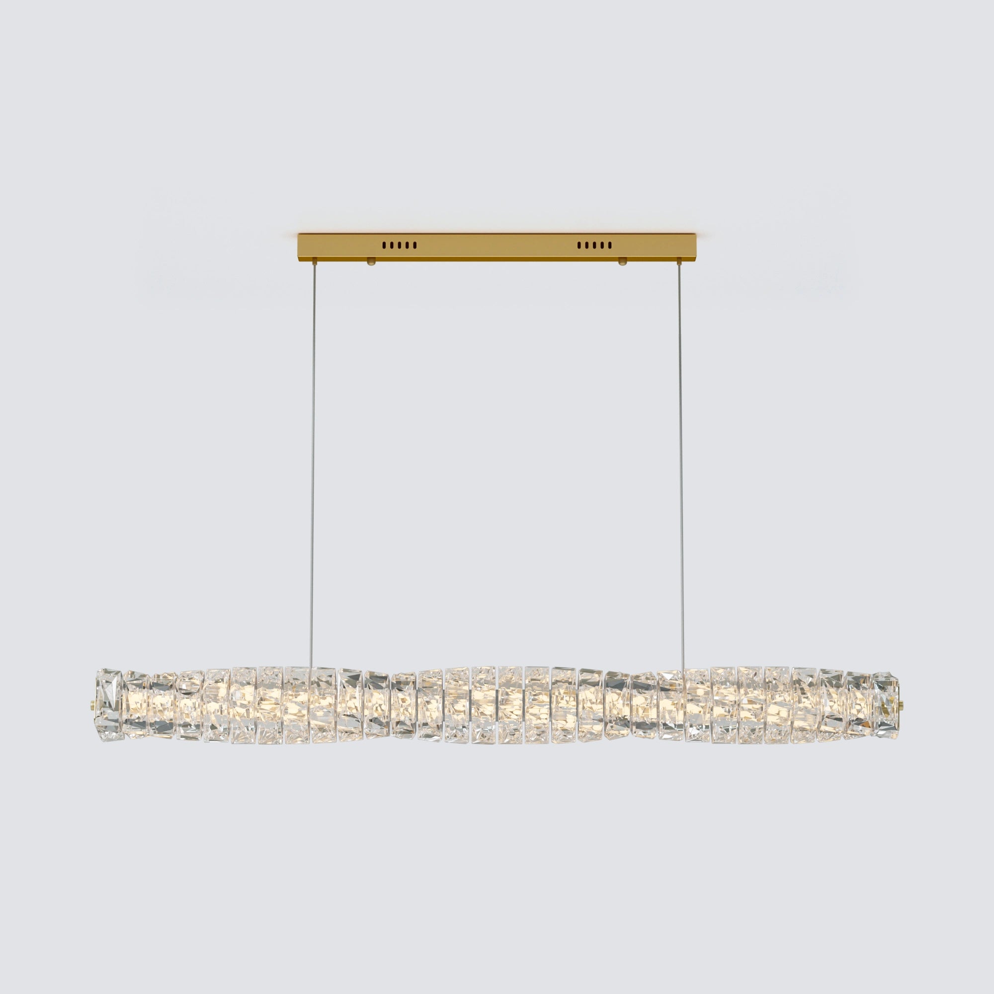 Gold rectangular chandelier shown from the front with an elongated crystal wave and slim matching canopy.