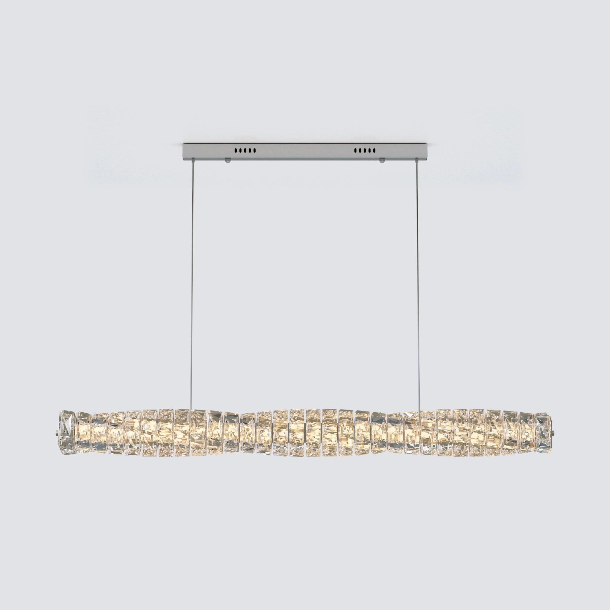 Silver crystal pendant light with a sculptural crystal wave, two suspension cables and a slim rectangular canopy.