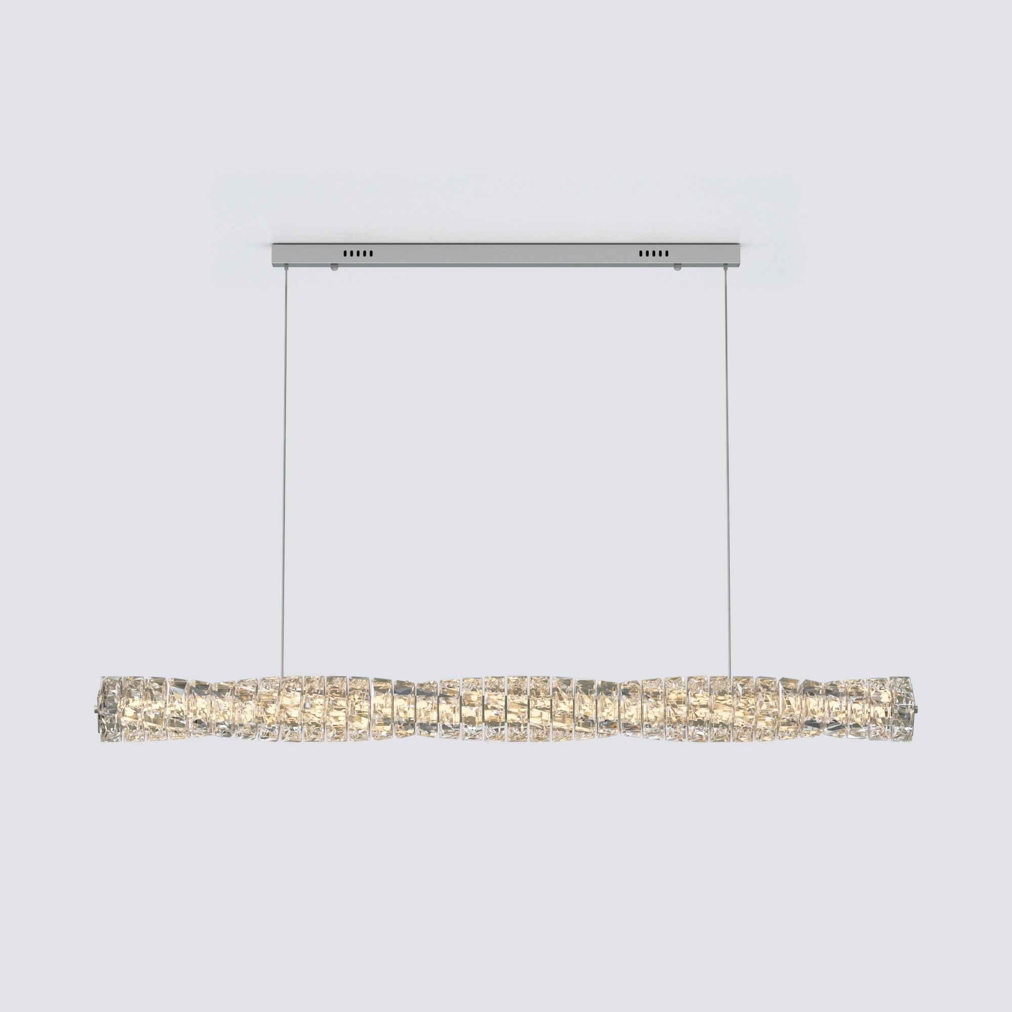 Long silver linear chandelier shown from the front with layered faceted crystals and two suspension cables.