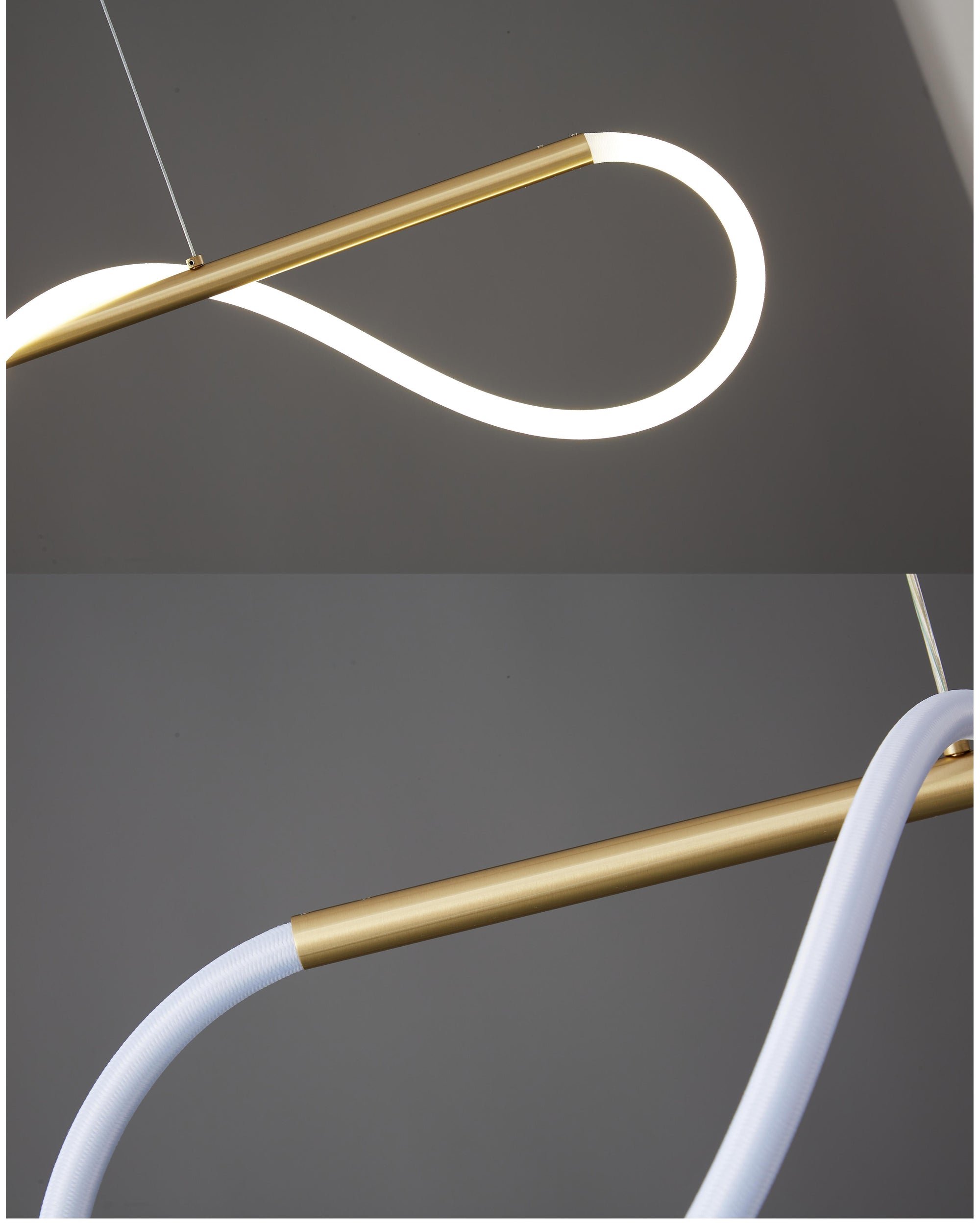Split close-up of the rope chandelier showing the polished-brass tube, illuminated silicone loop, suspension cable and material junction.