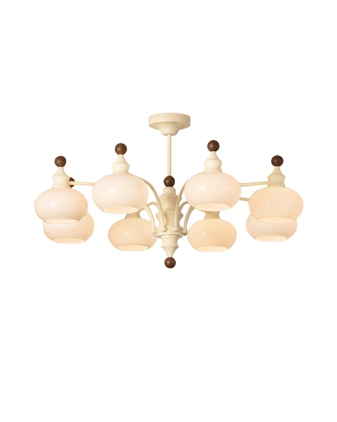 Beige eight-light dome glass chandelier with layered globe shades, isolated