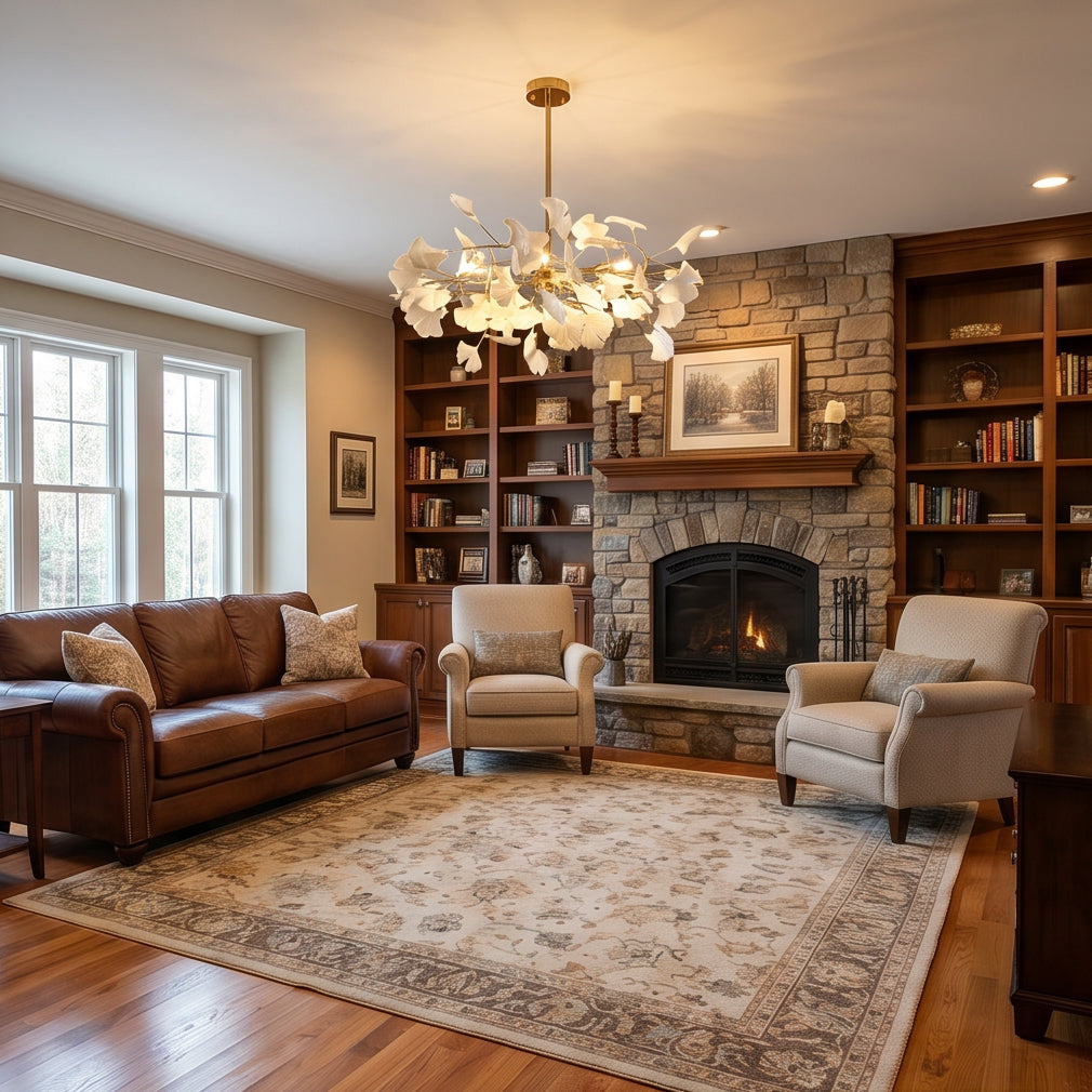 Gold and white botanical chandelier illuminating a traditional living room with built-in bookshelves