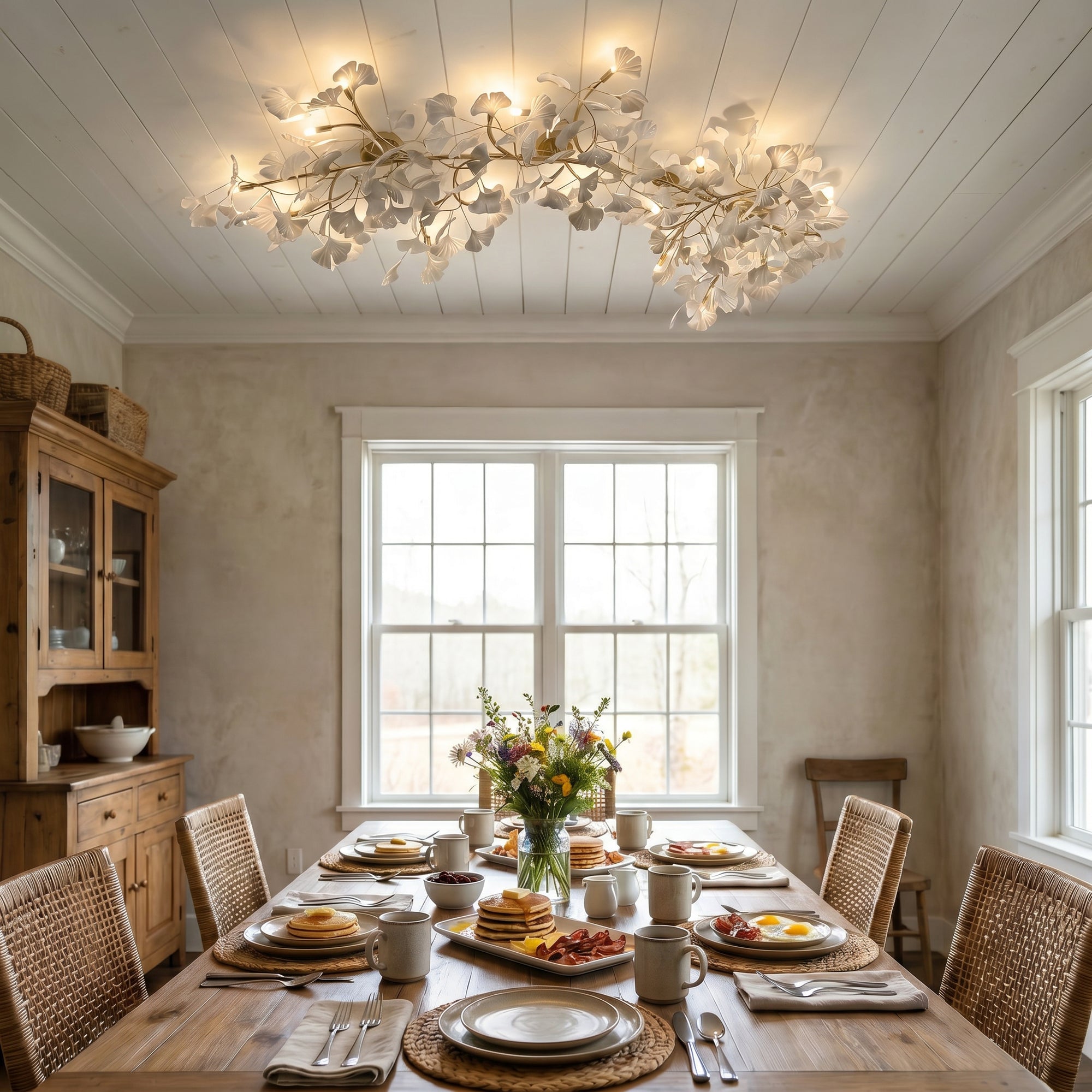 White ceramic ginkgo flush mount ceiling light with gold branches and warm bulbs above a farmhouse dining table.