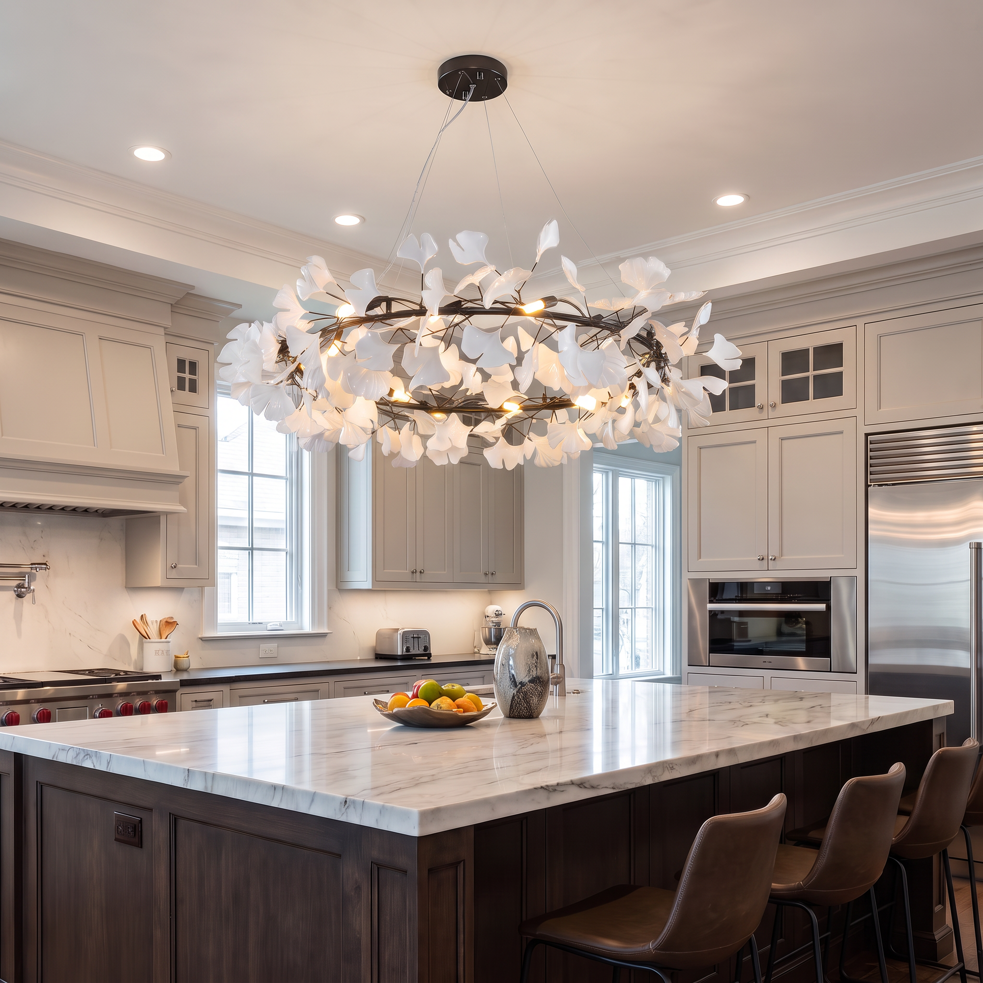 Gold-framed ceramic leaf chandelier above a marble kitchen island with counter stools.